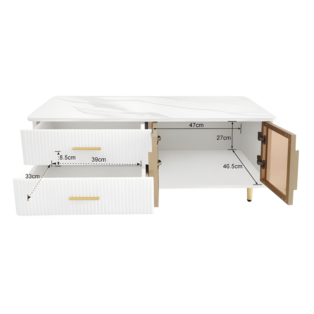 Couchtisch „WaveLux“ – mit Glasfront, Marmoroptik & LED-Beleuchtung | 100 × 50 × 40 cm