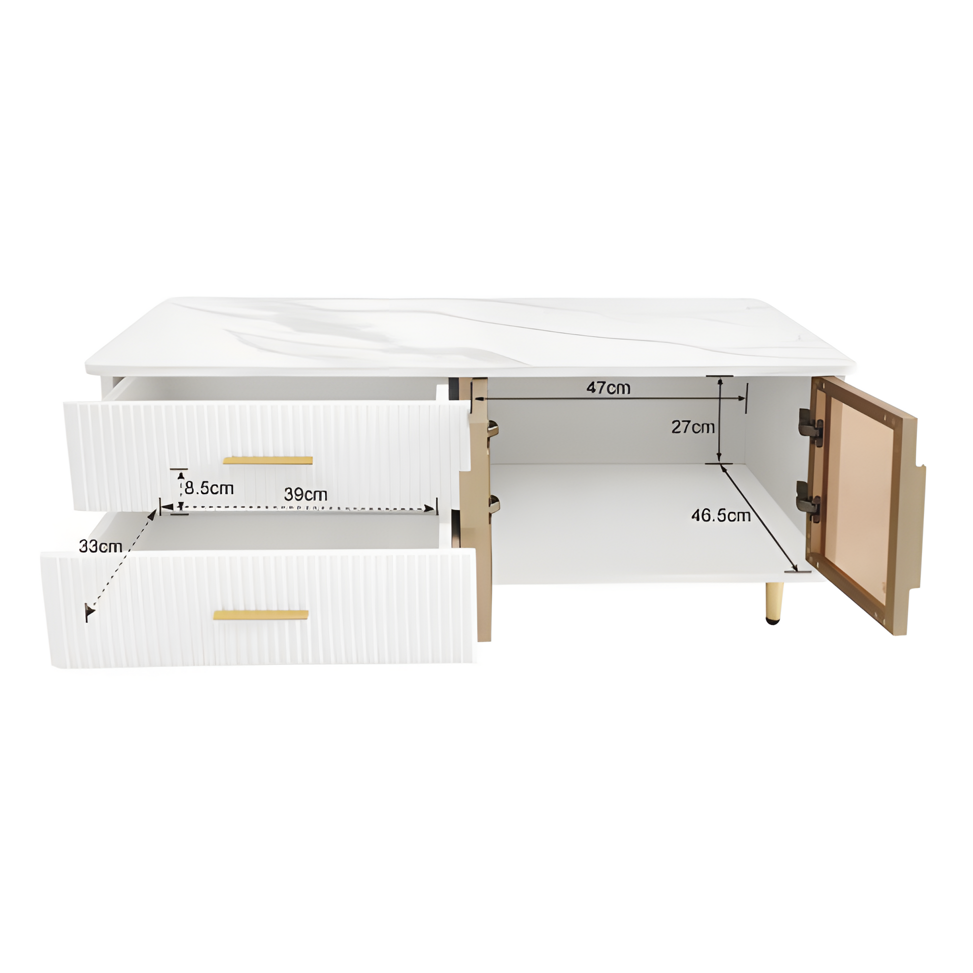 Couchtisch „WaveLux“ – mit Glasfront, Marmoroptik & LED-Beleuchtung | 100 × 50 × 40 cm