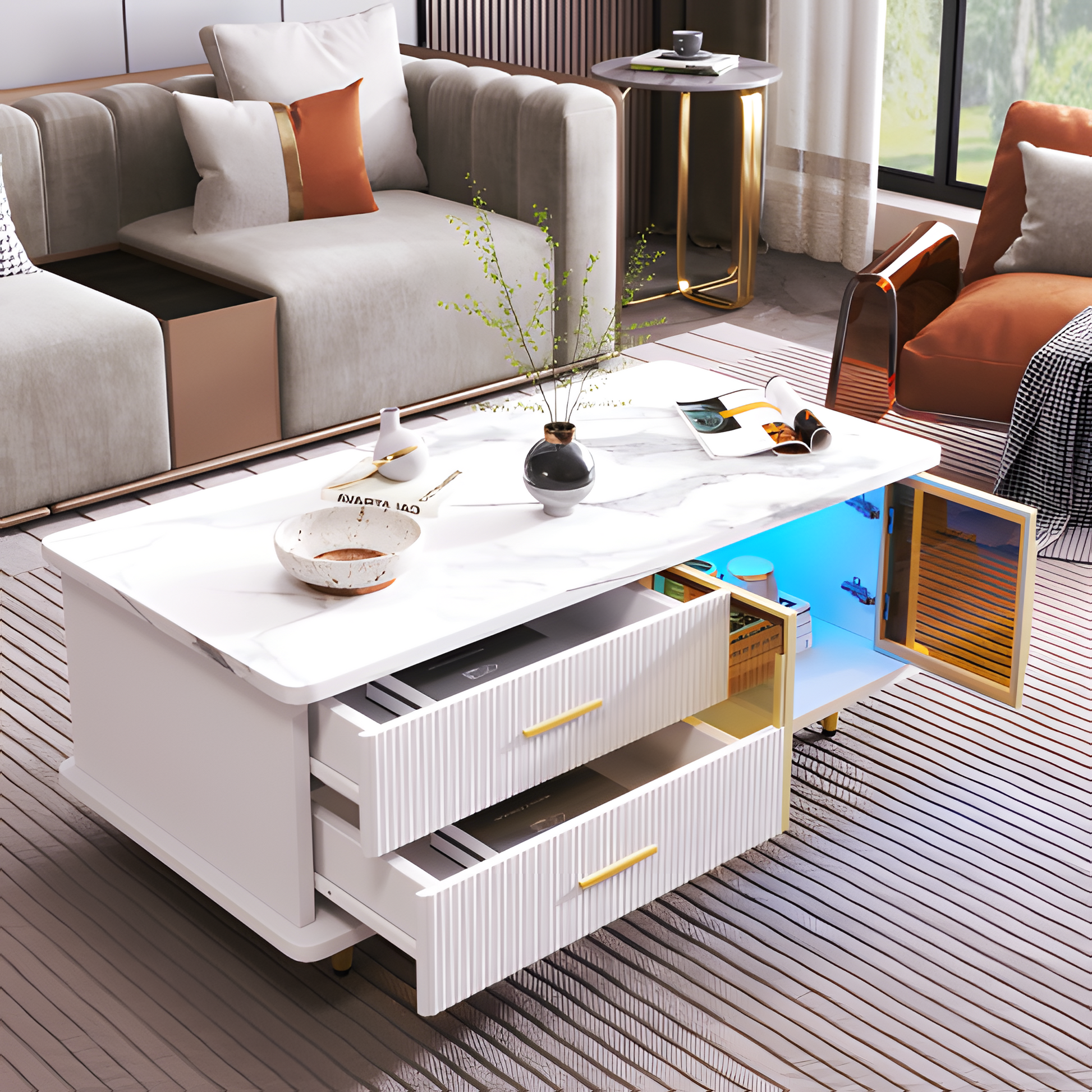 Couchtisch „WaveLux“ – mit Glasfront, Marmoroptik & LED-Beleuchtung | 100 × 50 × 40 cm