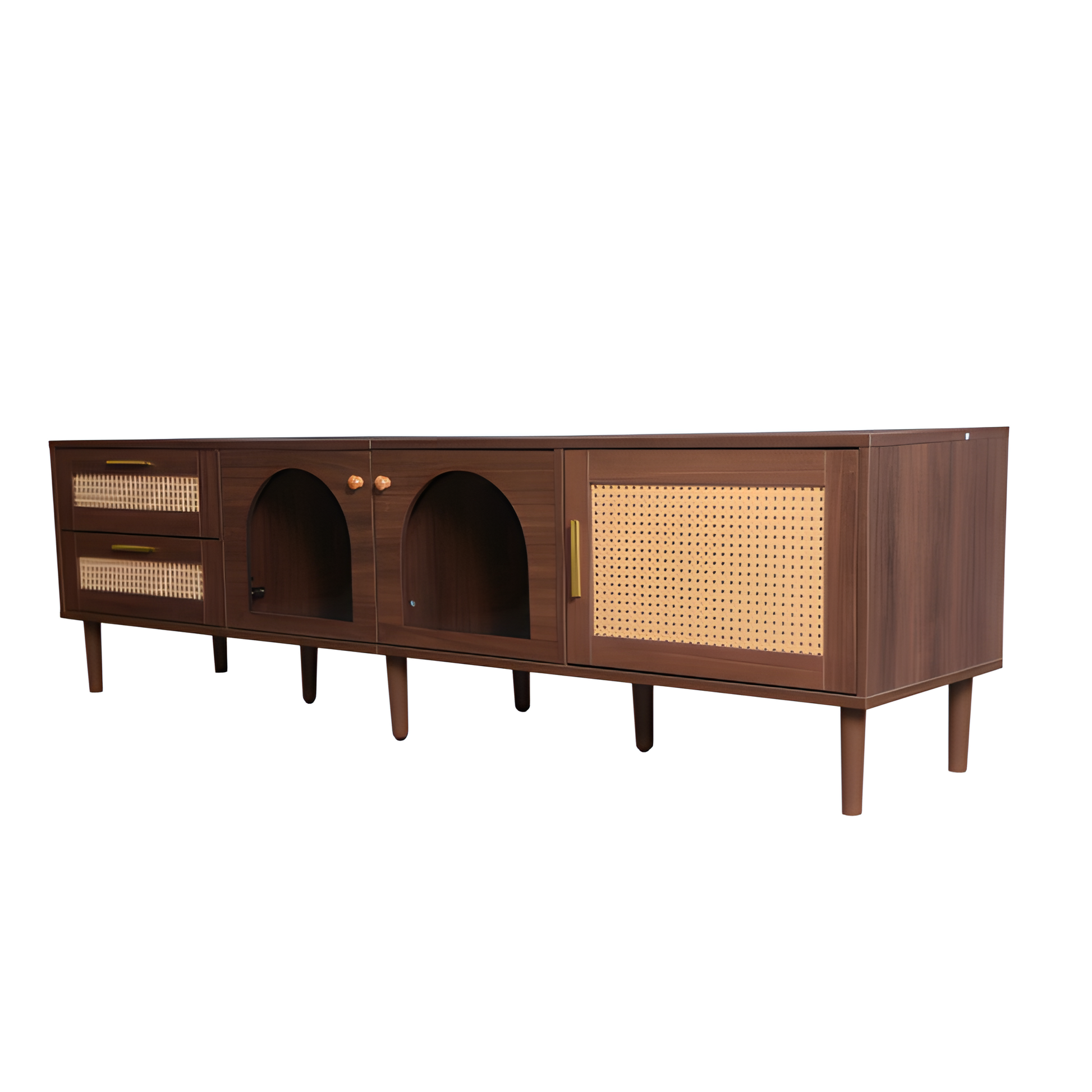 TV-Schrank „RattanLux“ – 180 cm, LED, Rattan & Glas | Für Fernseher bis 80 Zoll