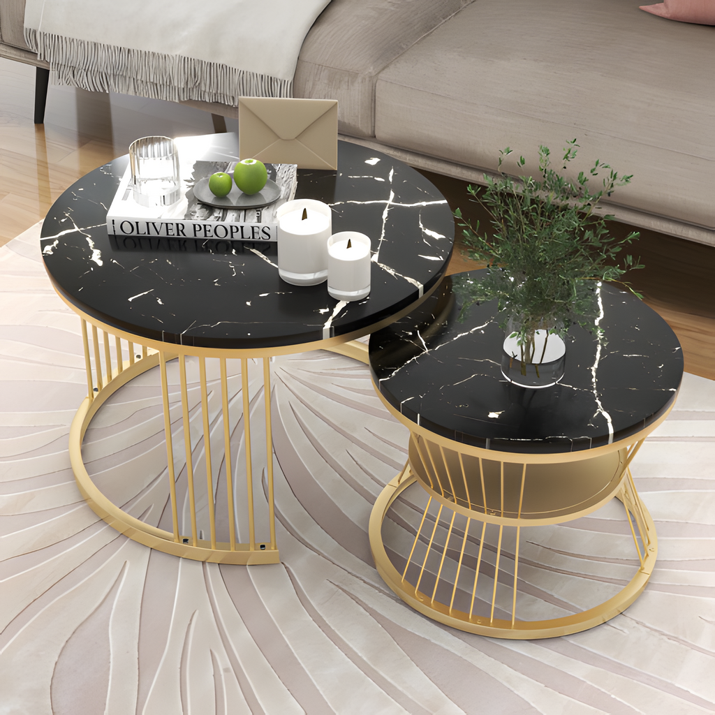 „MARBLA“ – 2er-Set Couchtisch in Marmoroptik & Goldrahmen