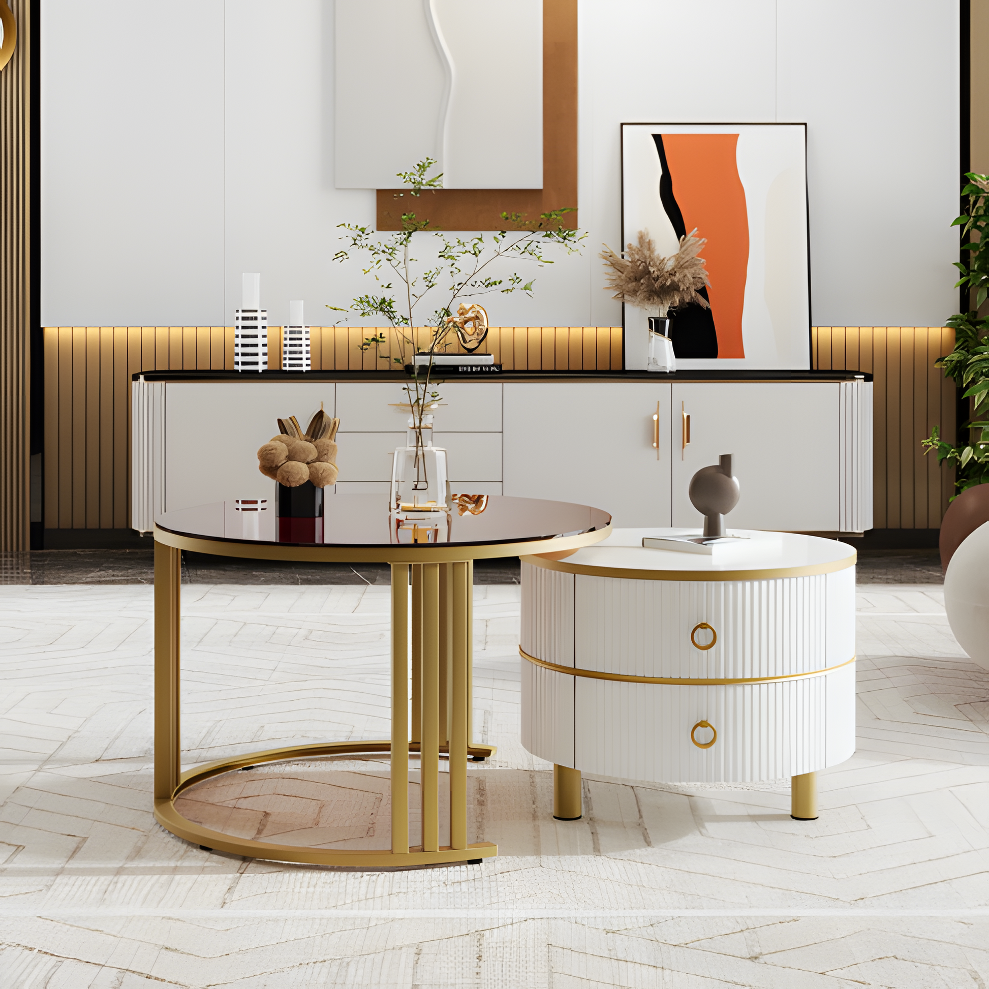 „DUOTABLE“ – 2-in-1 Couchtisch-Set in Hochglanz & Glasoptik