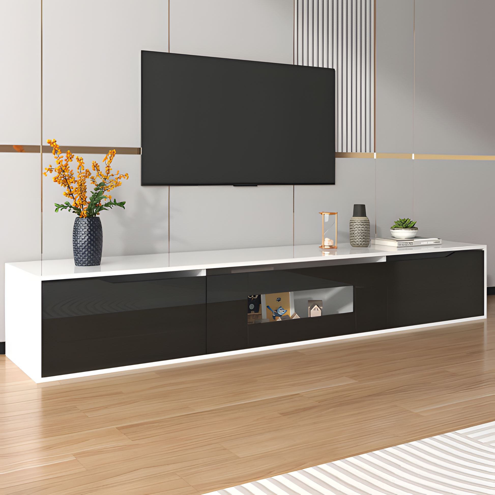 TV-Schrank „Lumino“ – Hochglanz in Schwarz-Weiß mit LED-Beleuchtung | 180 × 35 × 30 cm