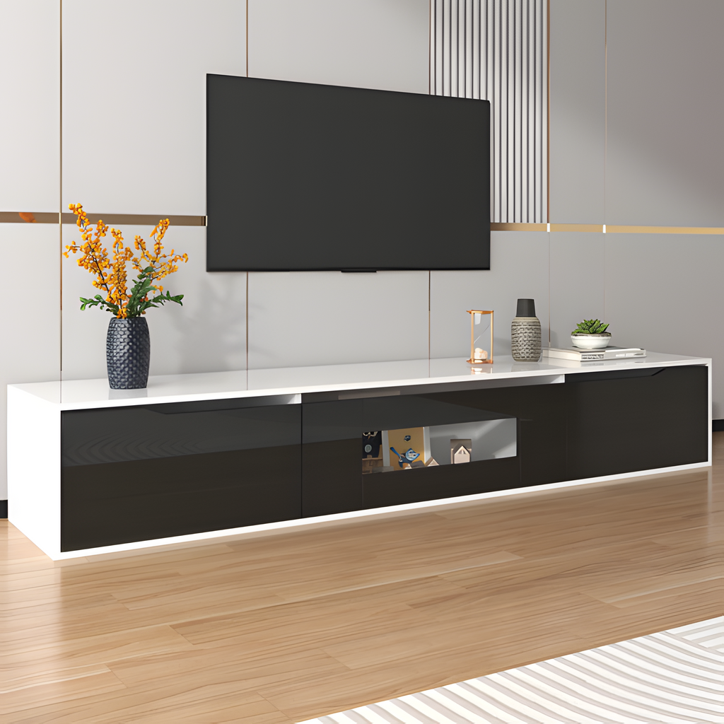 TV-Schrank „Lumino“ – Hochglanz in Schwarz-Weiß mit LED-Beleuchtung | 180 × 35 × 30 cm