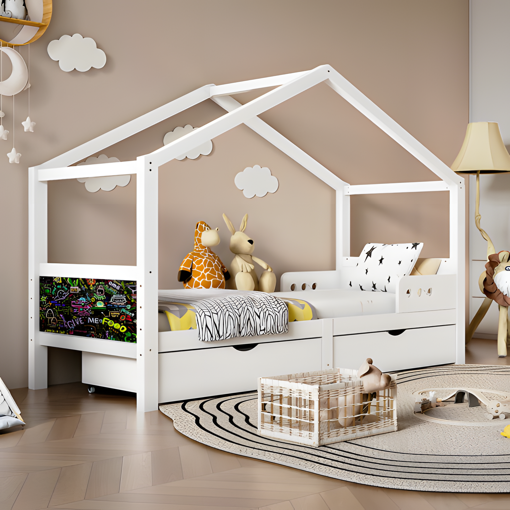 🛏️ "LITTLE HAVEN" Kinderbett mit Doppelschublade & Dachrahmen – 90x200 cm, Massivholzholz