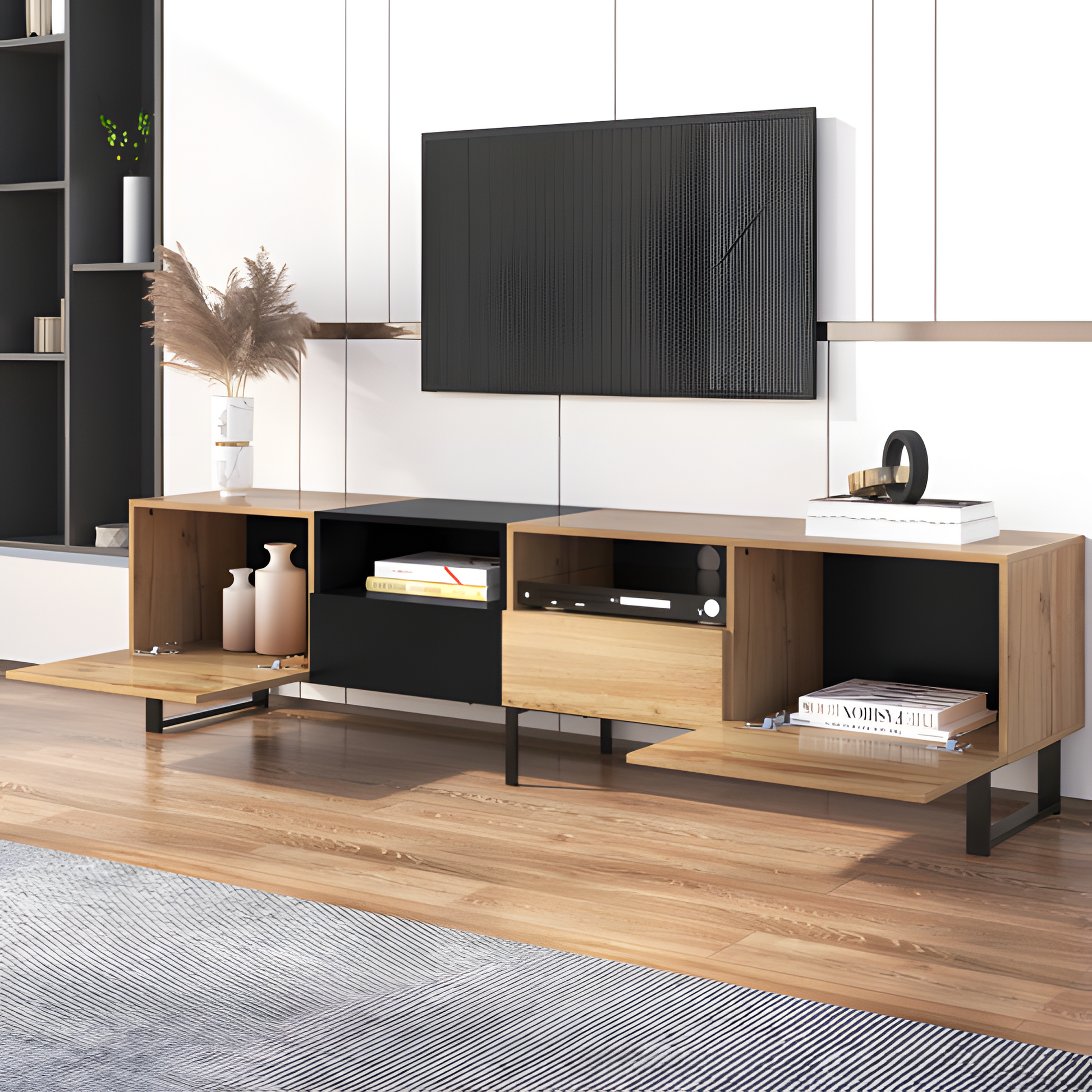 "NOIRWOOD" – Moderner TV-Schrank 190 cm mit Stauraum in Schwarz-Holz-Optik 📺🪵
