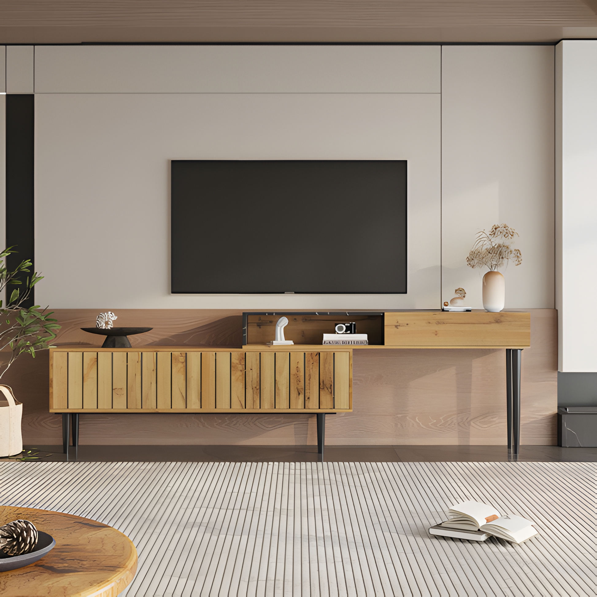 TV-Board „Moderno“ – 129 cm in Marmor-Holzoptik mit Eisenbeinen