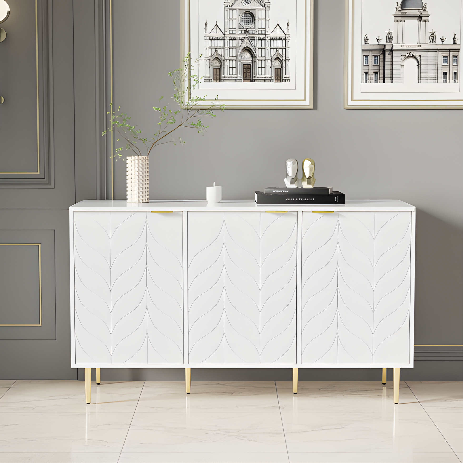 Sideboard Liora – Weiß mit Goldakzenten & Blumenmuster | 127 × 45 × 75 cm