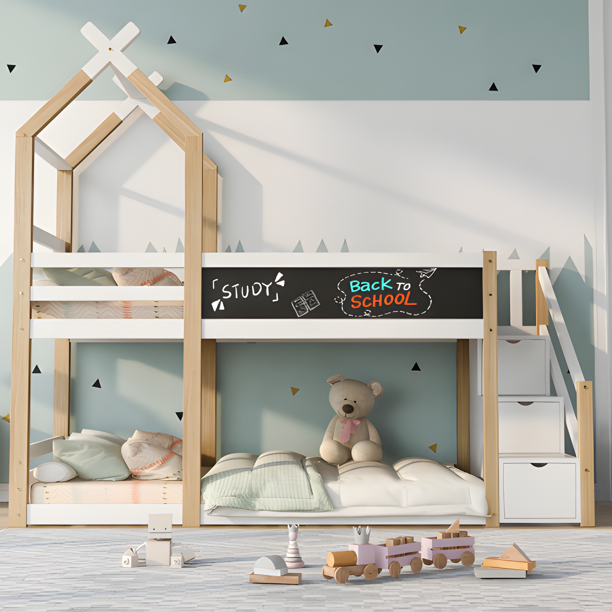 Kinderbett „LUNO“ – Baumhaus-Hochbett mit Tafel & Stauraum 🌳