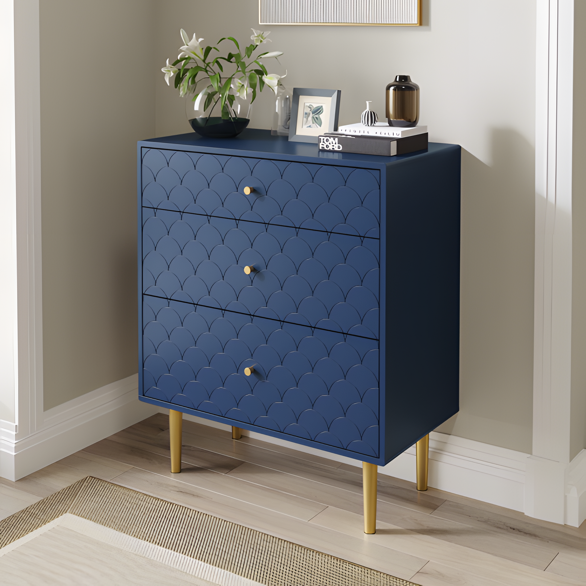 Schubladenkommode „Marina“ – Marineblau mit Fischschuppenstruktur | 89 × 75 × 40 cm