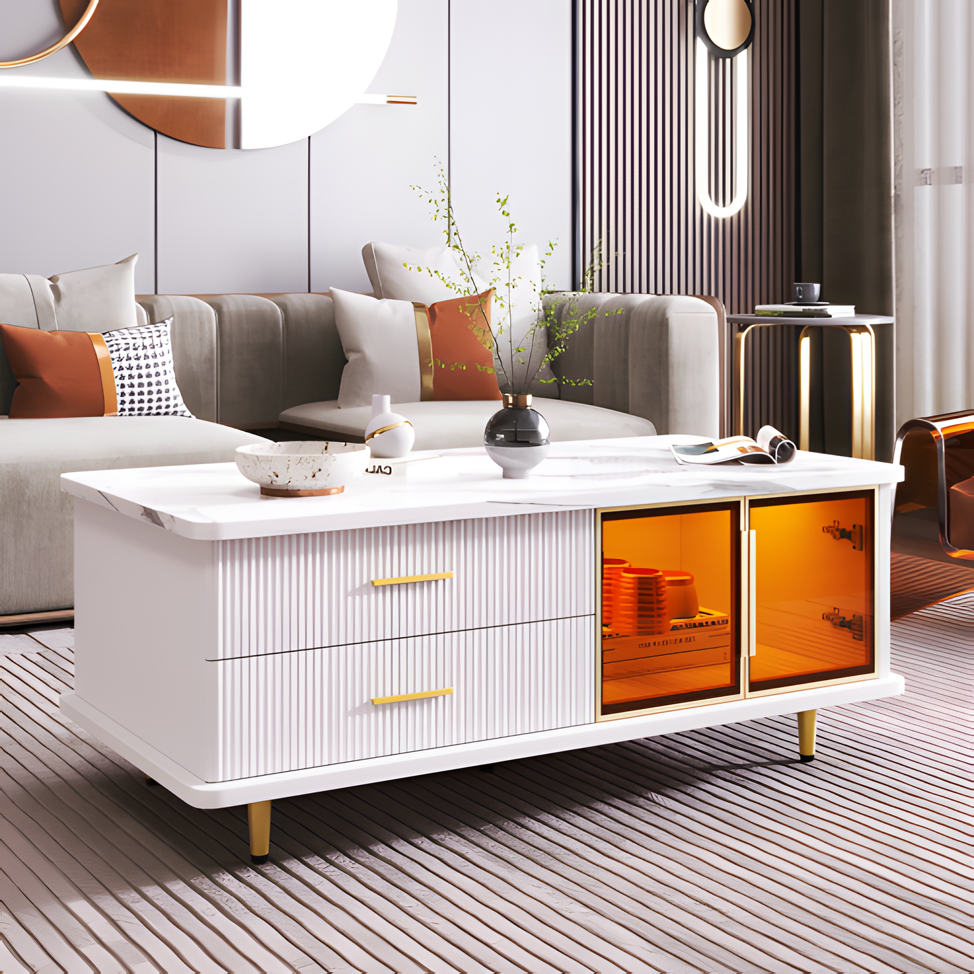 Couchtisch „WaveLux“ – mit Glasfront, Marmoroptik & LED-Beleuchtung | 100 × 50 × 40 cm