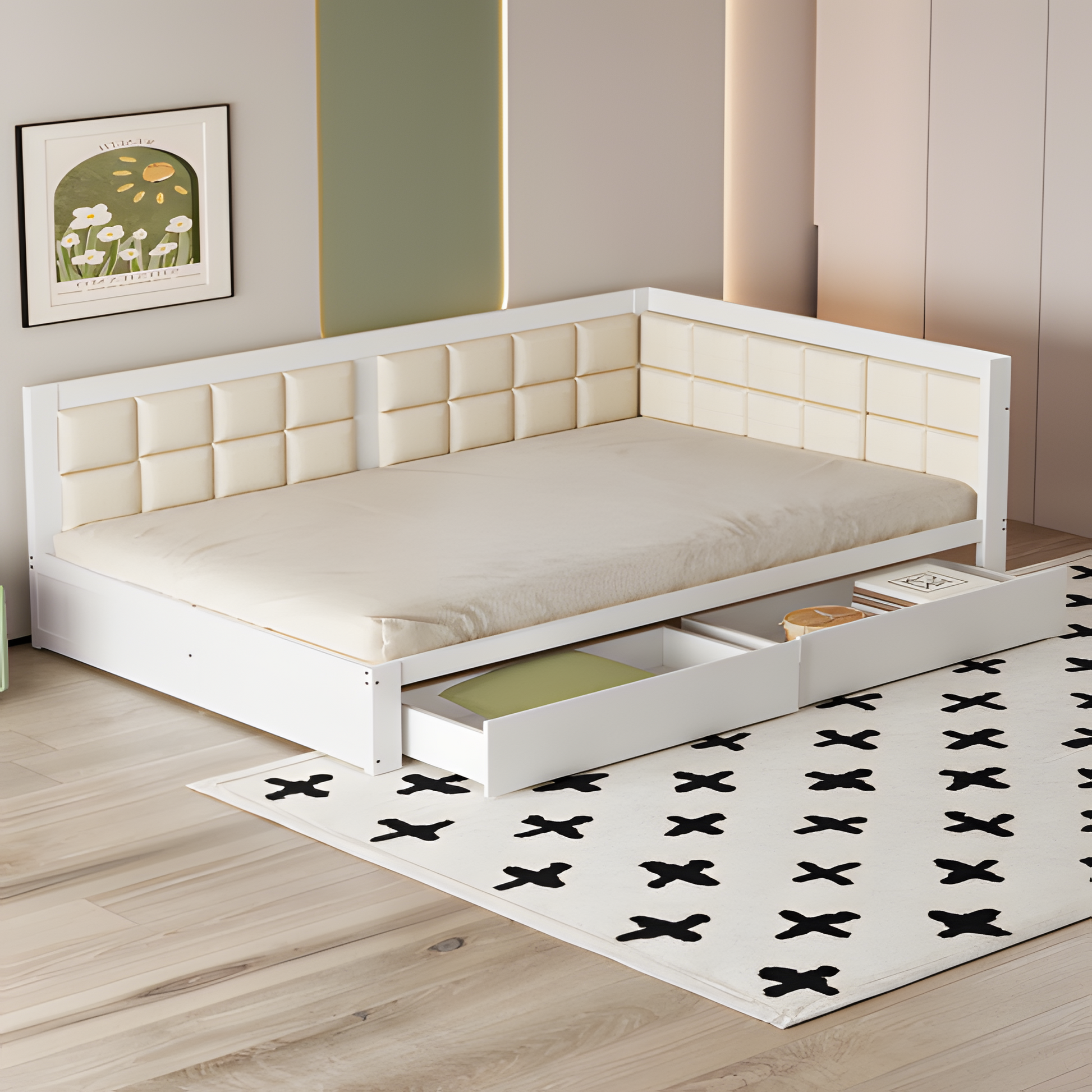 "LIVELIA" Schlafsofa 140×200 cm mit weicher Rückenlehne und Stauraum – Weiß