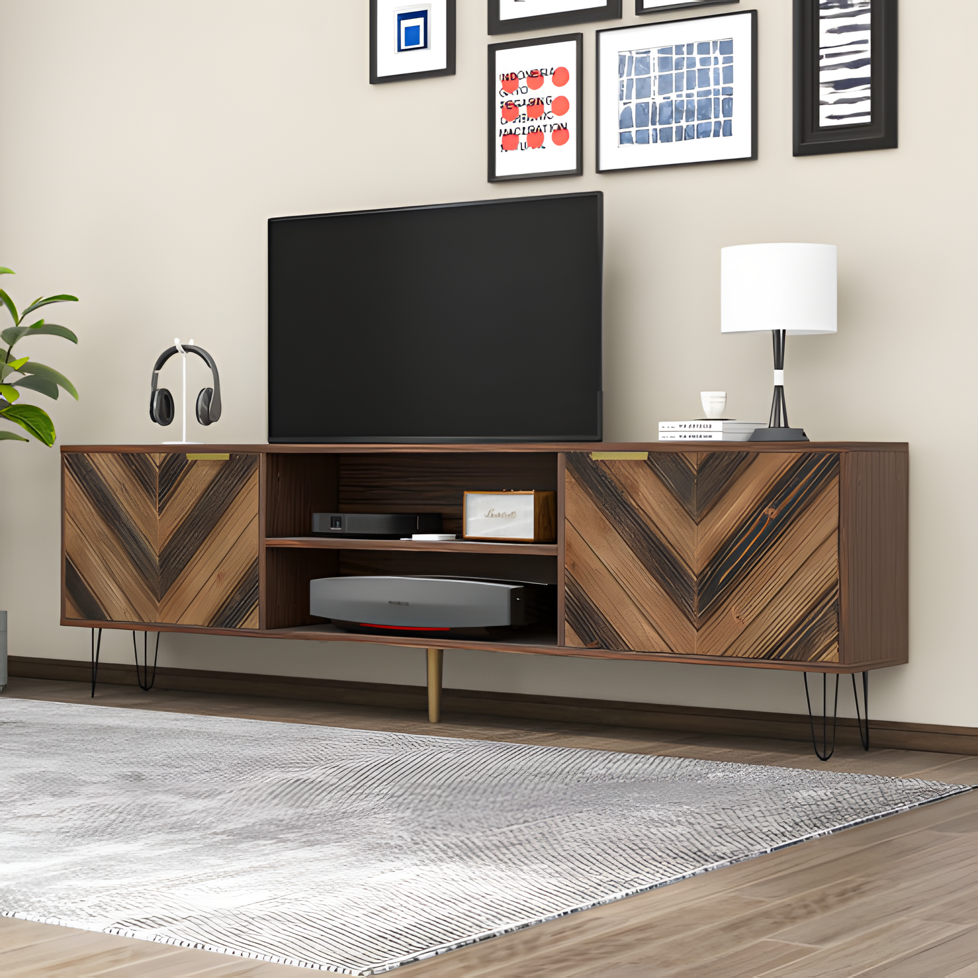 TV-Lowboard „Natura“ – Massivholzfurnier & goldene Griffe | 155 × 38 × 48 cm