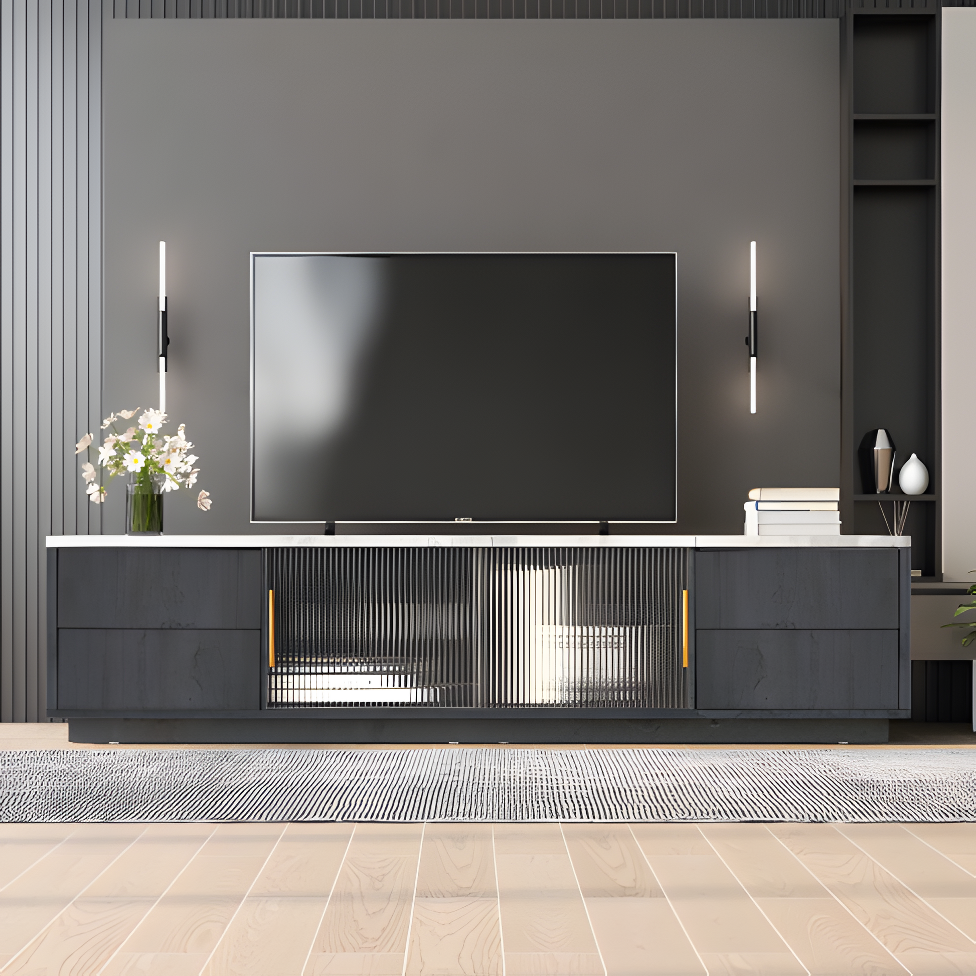 TV-Lowboard „Marno“ – Grau mit Marmoroptik | 160 × 40 × 44,5 cm für Fernseher bis 70"