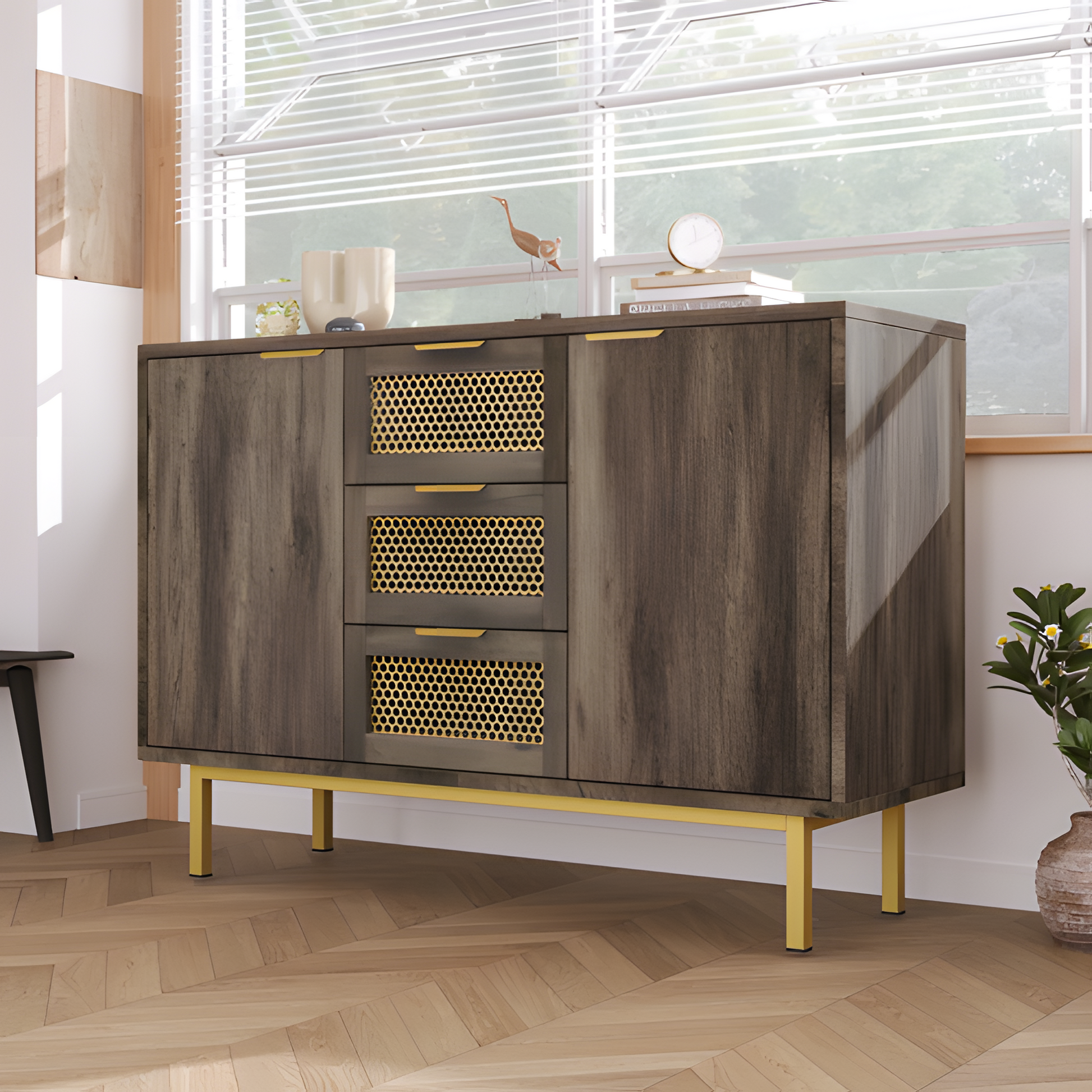 Sideboard „Ravena“ – 120 cm Kommode in Dunkelbraun mit Metallakzenten