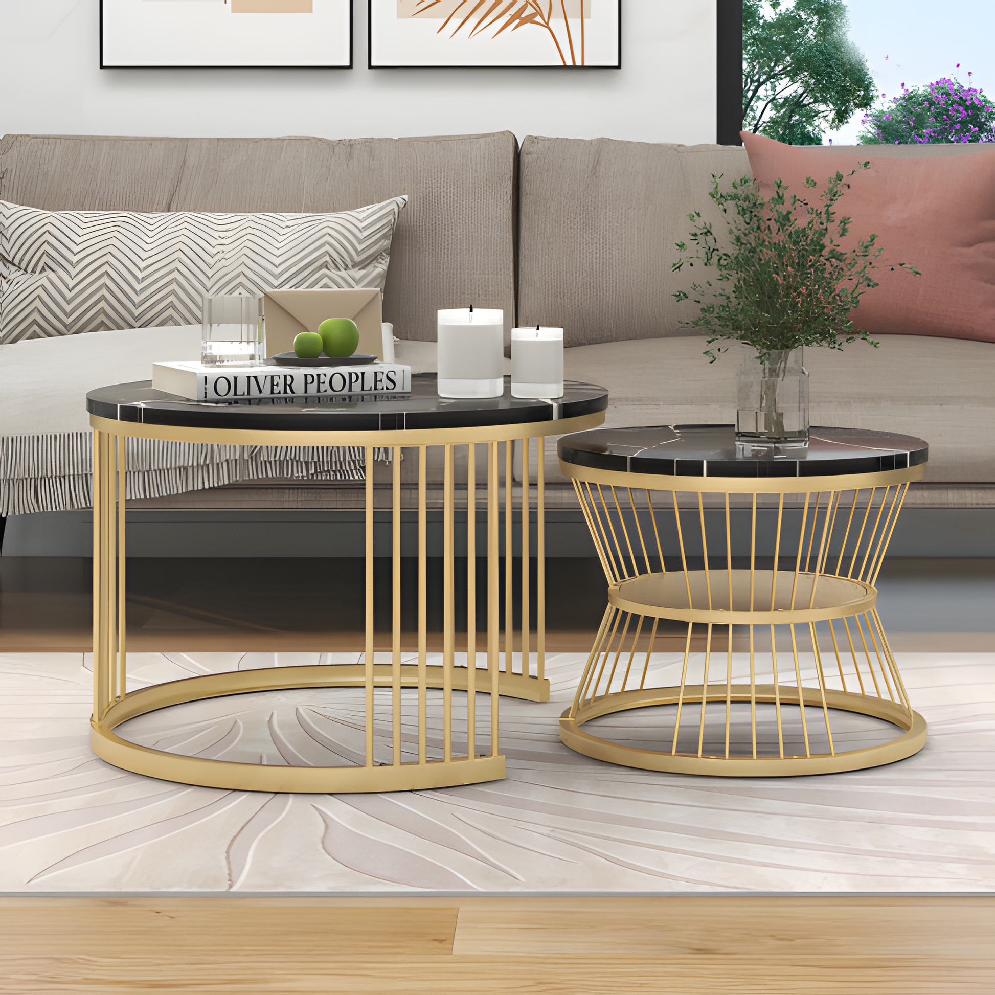 „MARBLA“ – 2er-Set Couchtisch in Marmoroptik & Goldrahmen