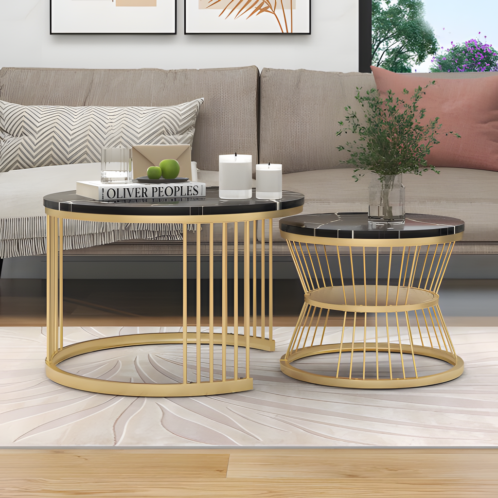 „MARBLA“ – 2er-Set Couchtisch in Marmoroptik & Goldrahmen