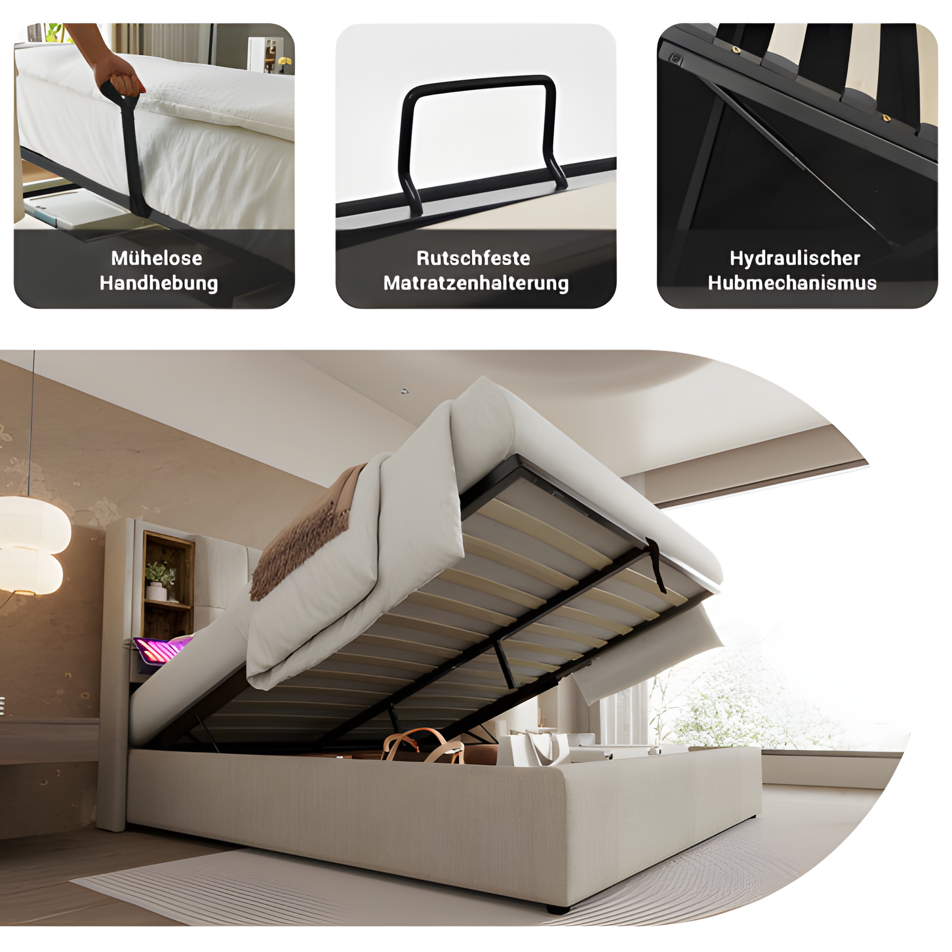 Polsterbett „Helena“ – 180x200 cm mit kabellosem Laden & USB-C