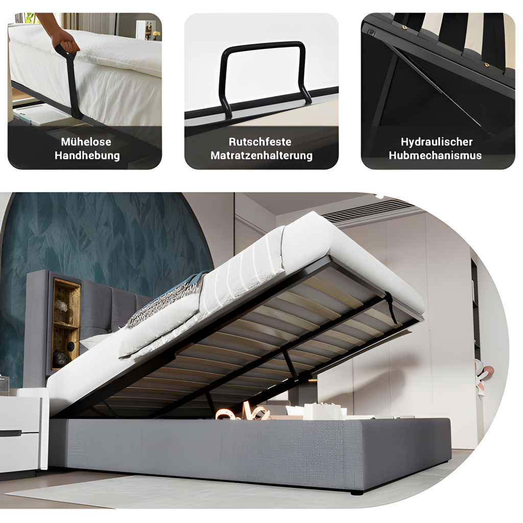 Polsterbett „Helena“ – 180x200 cm mit kabellosem Laden & USB-C