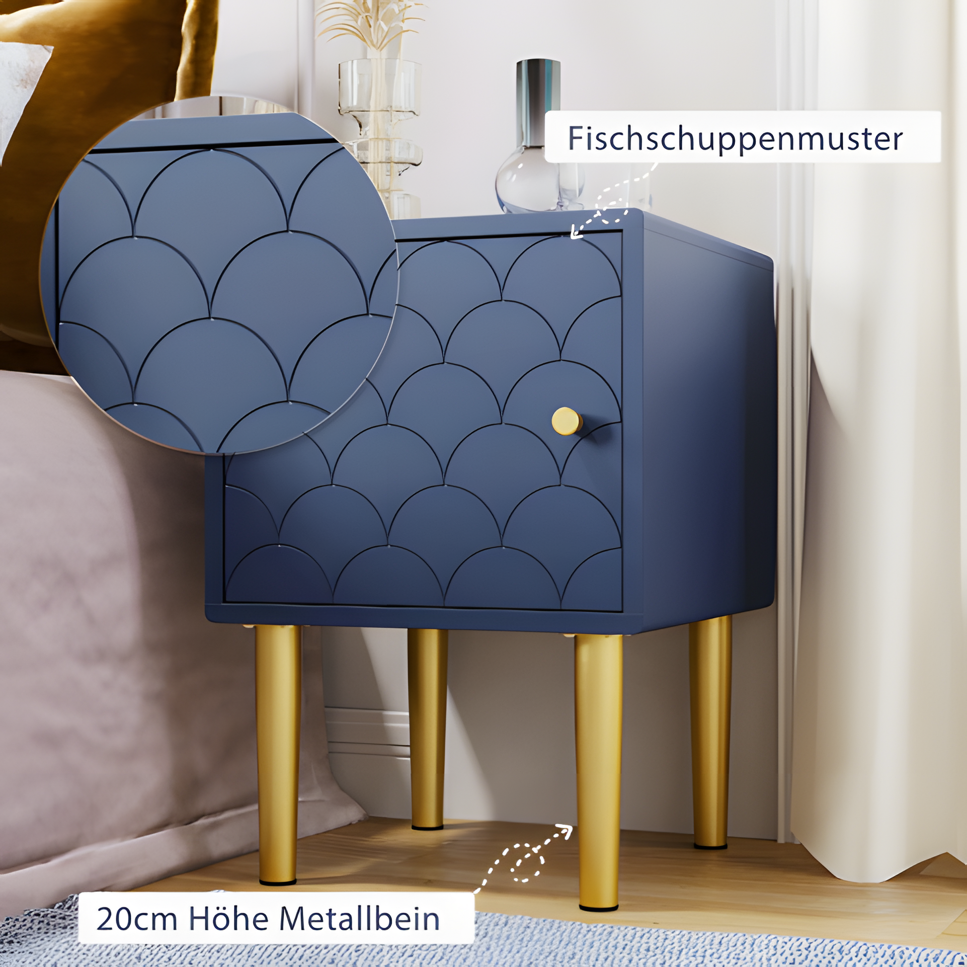 2er-Set Nachttische „Marina“ – Marineblau mit Fischschuppenstruktur | 50 × 35 × 35 cm