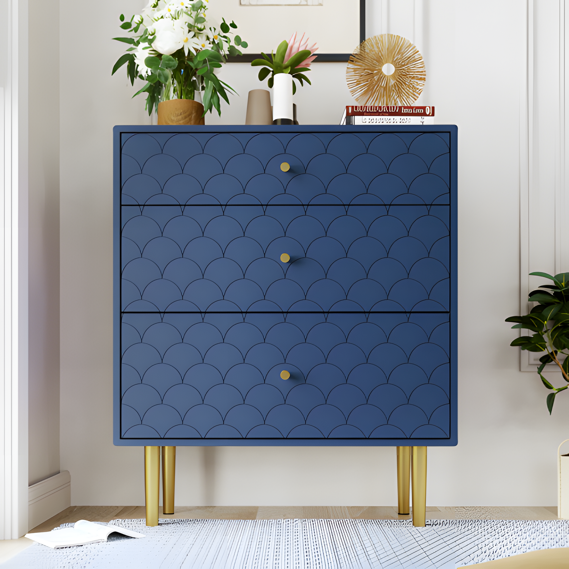 Schubladenkommode „Marina“ – Marineblau mit Fischschuppenstruktur | 89 × 75 × 40 cm