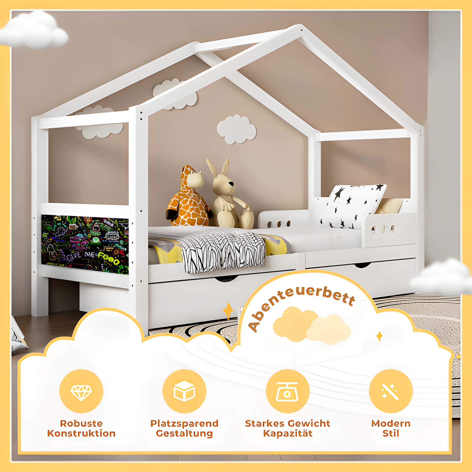 🛏️ "LITTLE HAVEN" Kinderbett mit Doppelschublade & Dachrahmen – 90x200 cm, Massivholzholz