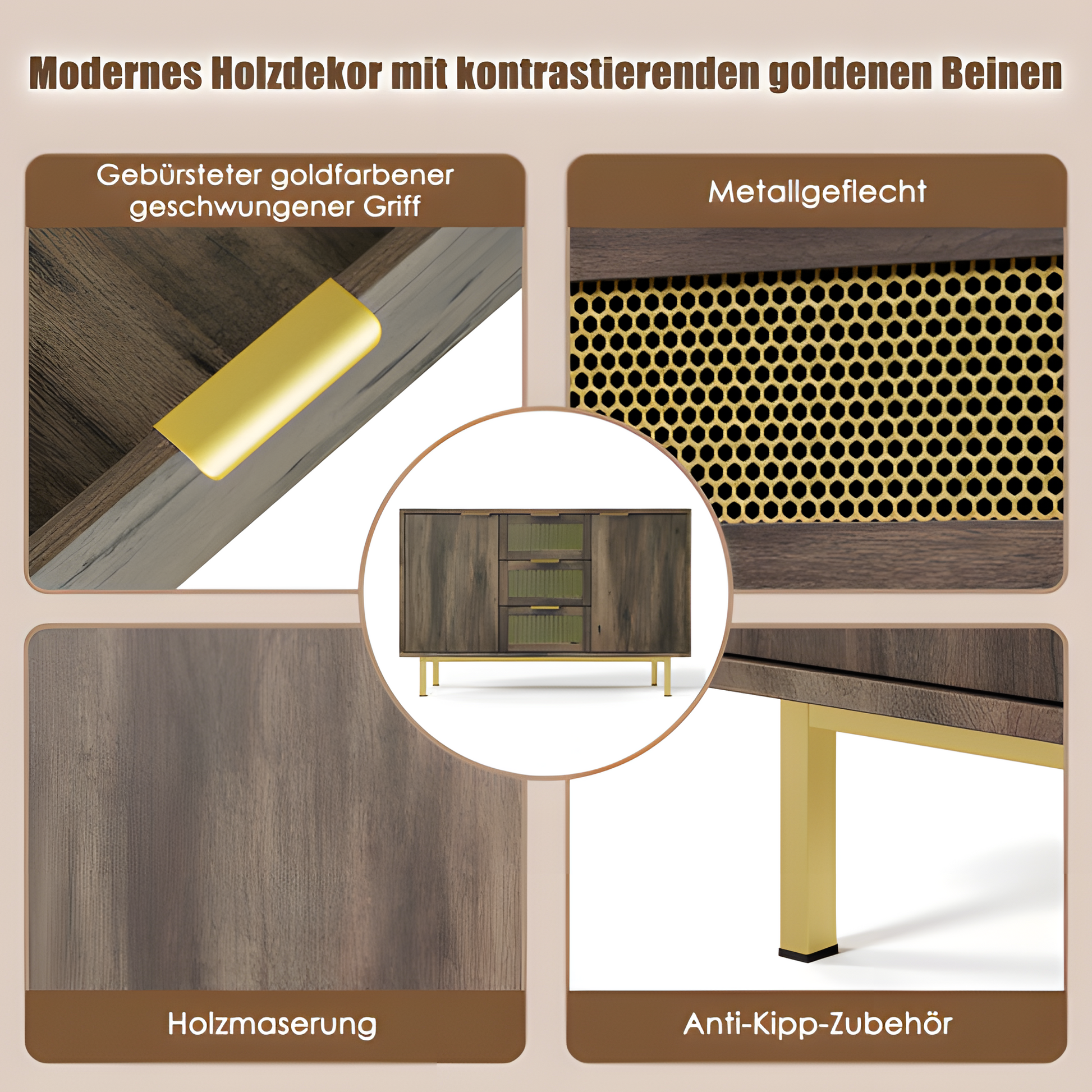 Sideboard „Ravena“ – 120 cm Kommode in Dunkelbraun mit Metallakzenten