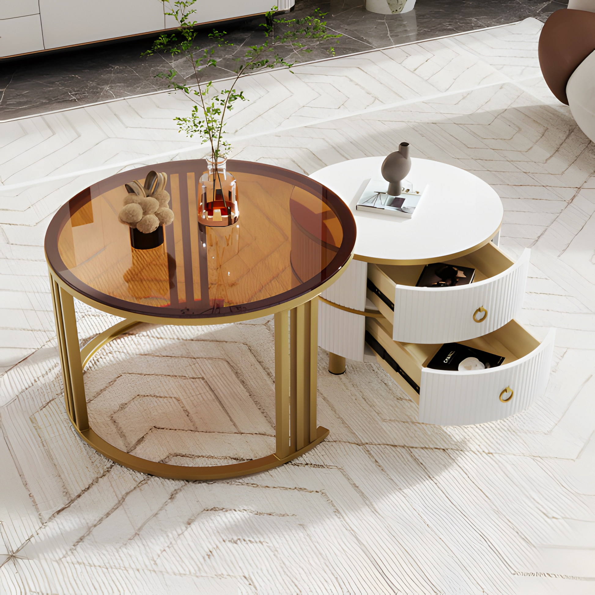 „DUOTABLE“ – 2-in-1 Couchtisch-Set in Hochglanz & Glasoptik