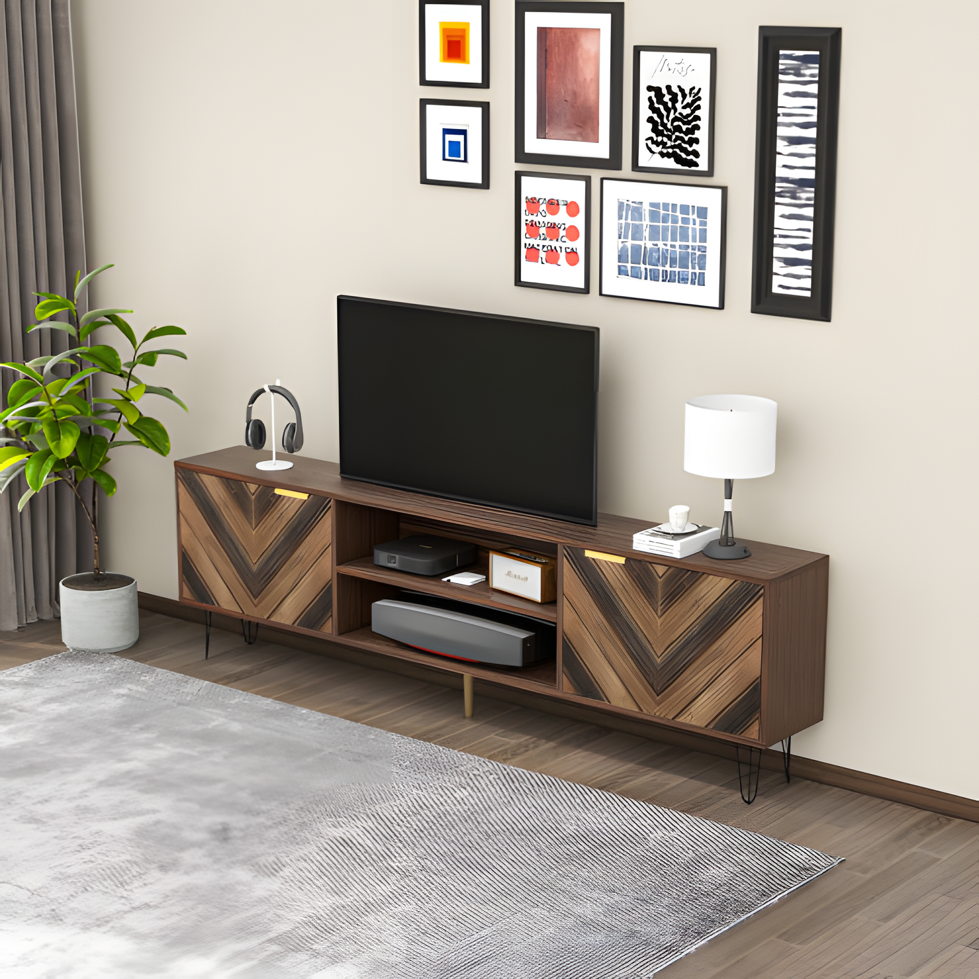 TV-Lowboard „Natura“ – Massivholzfurnier & goldene Griffe | 155 × 38 × 48 cm