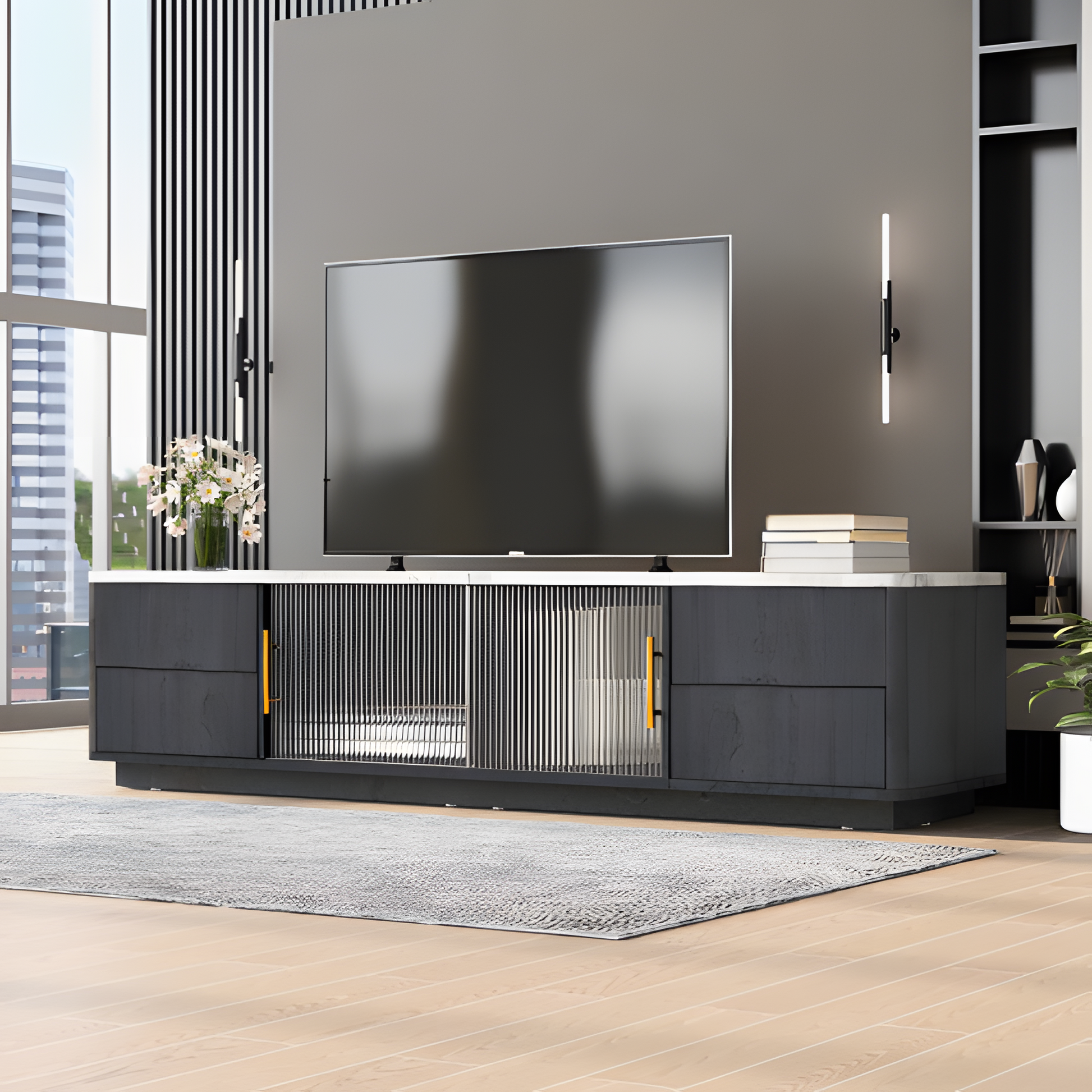 TV-Lowboard „Marno“ – Grau mit Marmoroptik | 160 × 40 × 44,5 cm für Fernseher bis 70"