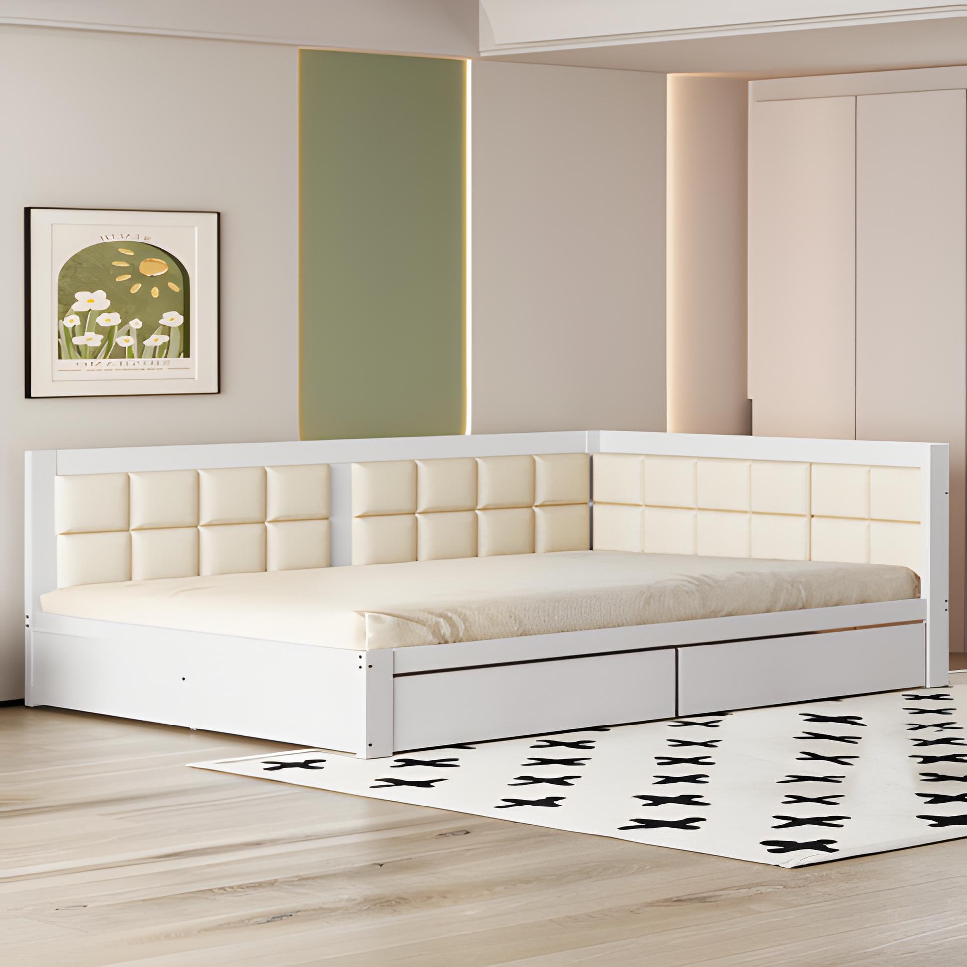"LIVELIA" Schlafsofa 140×200 cm mit weicher Rückenlehne und Stauraum – Weiß