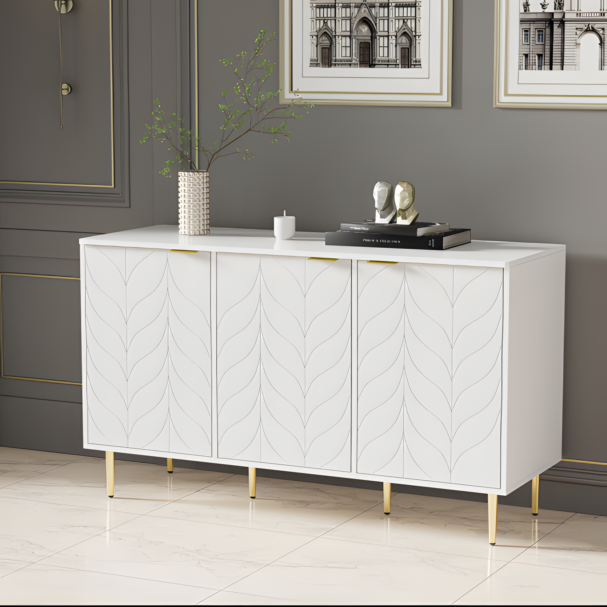 Sideboard Liora – Weiß mit Goldakzenten & Blumenmuster | 127 × 45 × 75 cm