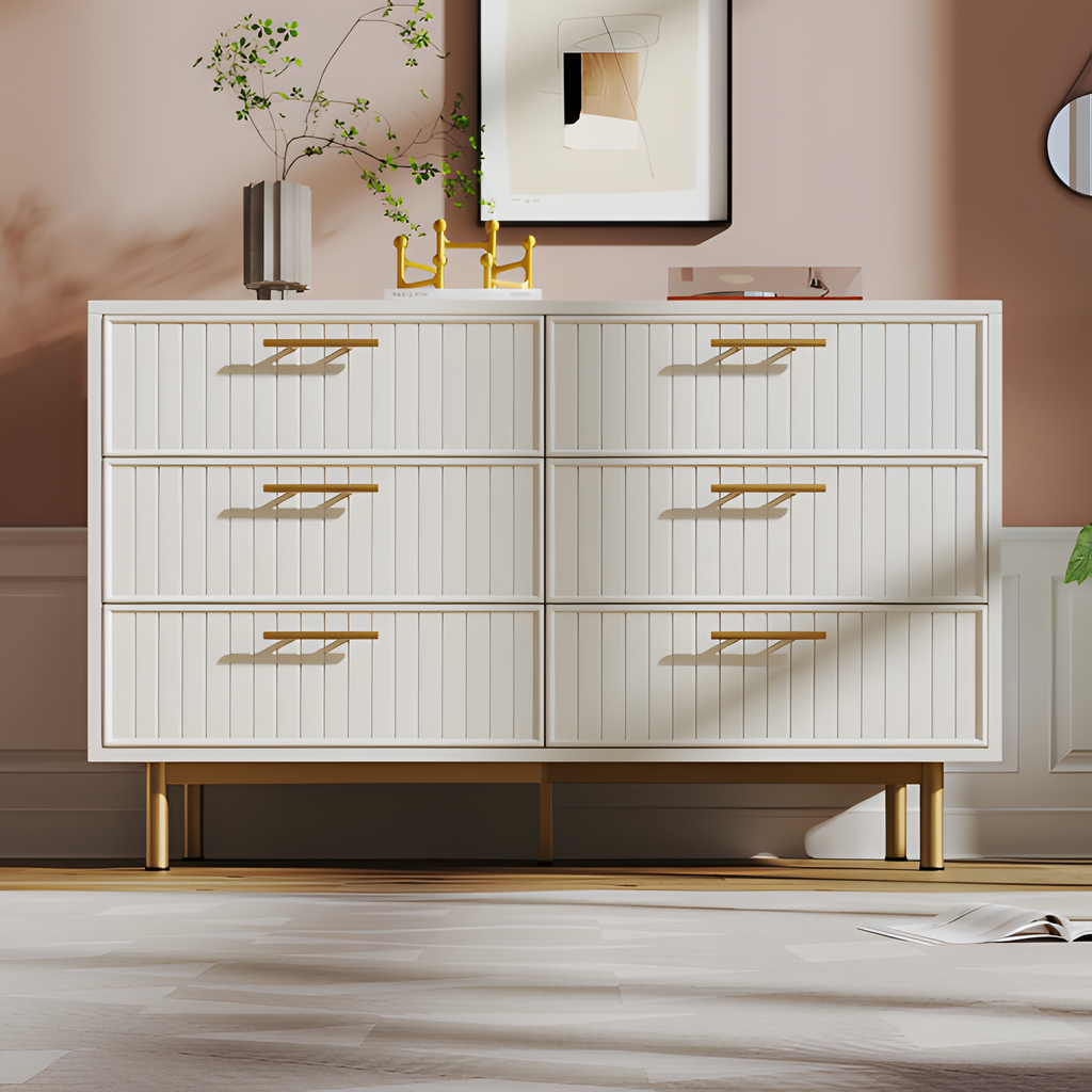 „LUXORA SIX“ – Moderne Kommode mit 6 Schubladen in Weiß und Gold, 120 × 75 × 40 cm