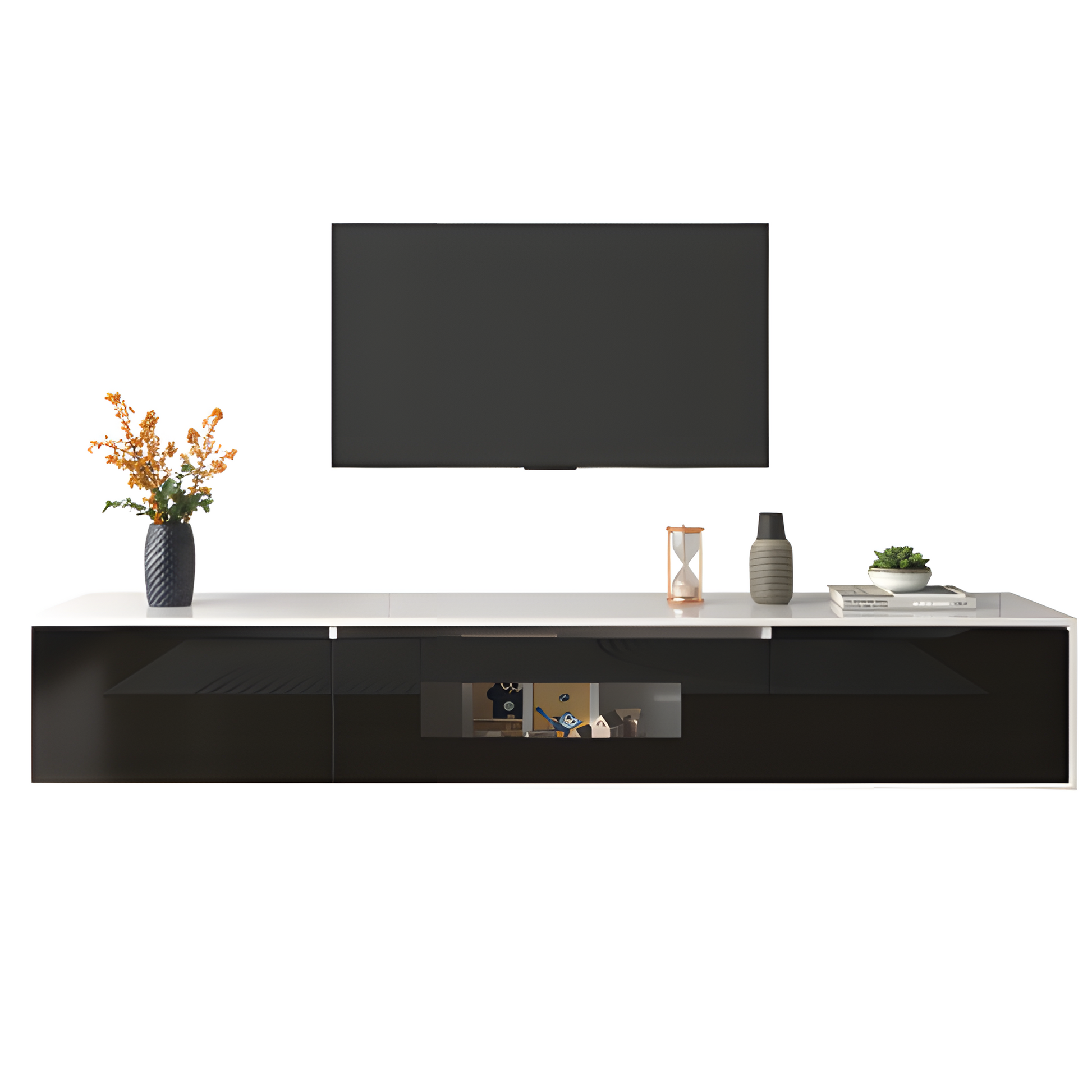 TV-Schrank „Lumino“ – Hochglanz in Schwarz-Weiß mit LED-Beleuchtung | 180 × 35 × 30 cm