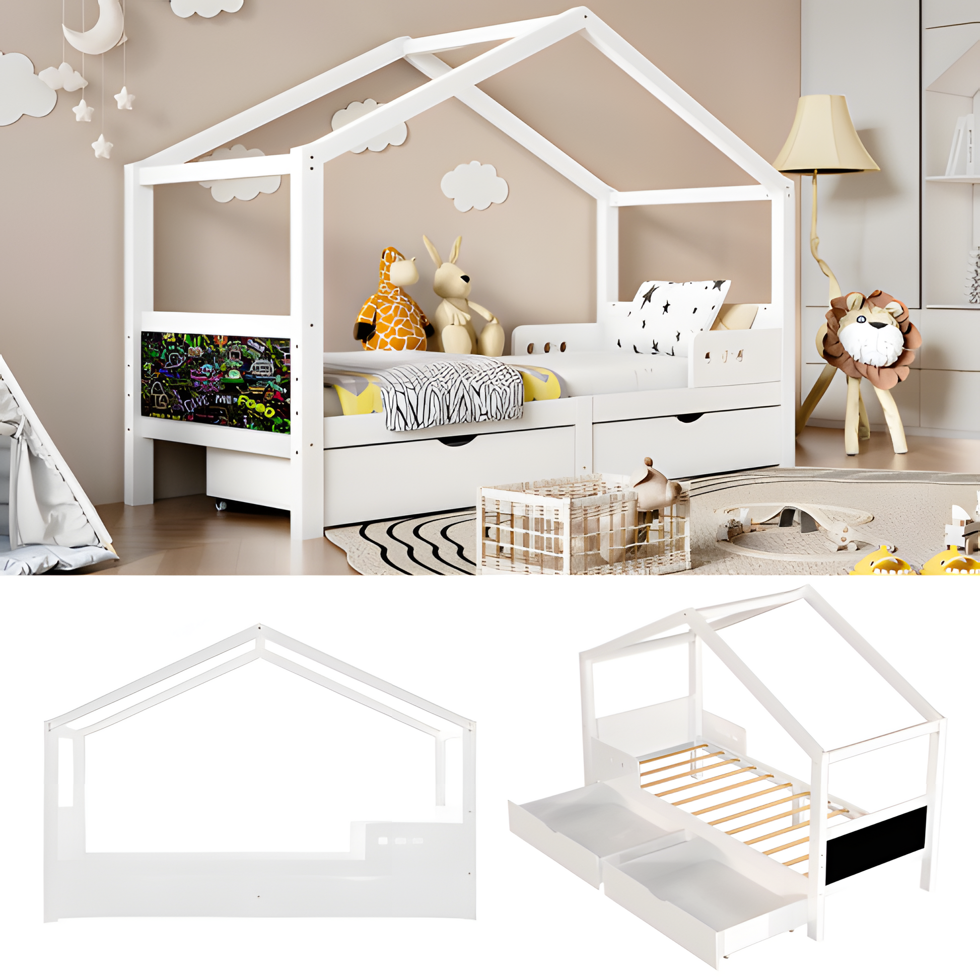 🛏️ "LITTLE HAVEN" Kinderbett mit Doppelschublade & Dachrahmen – 90x200 cm, Massivholzholz