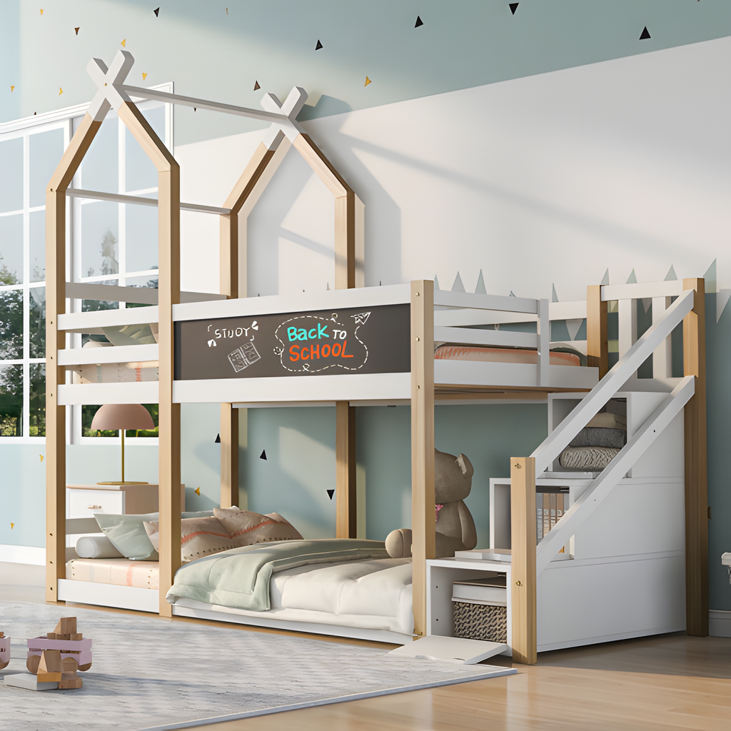 Kinderbett „LUNO“ – Baumhaus-Hochbett mit Tafel & Stauraum 🌳