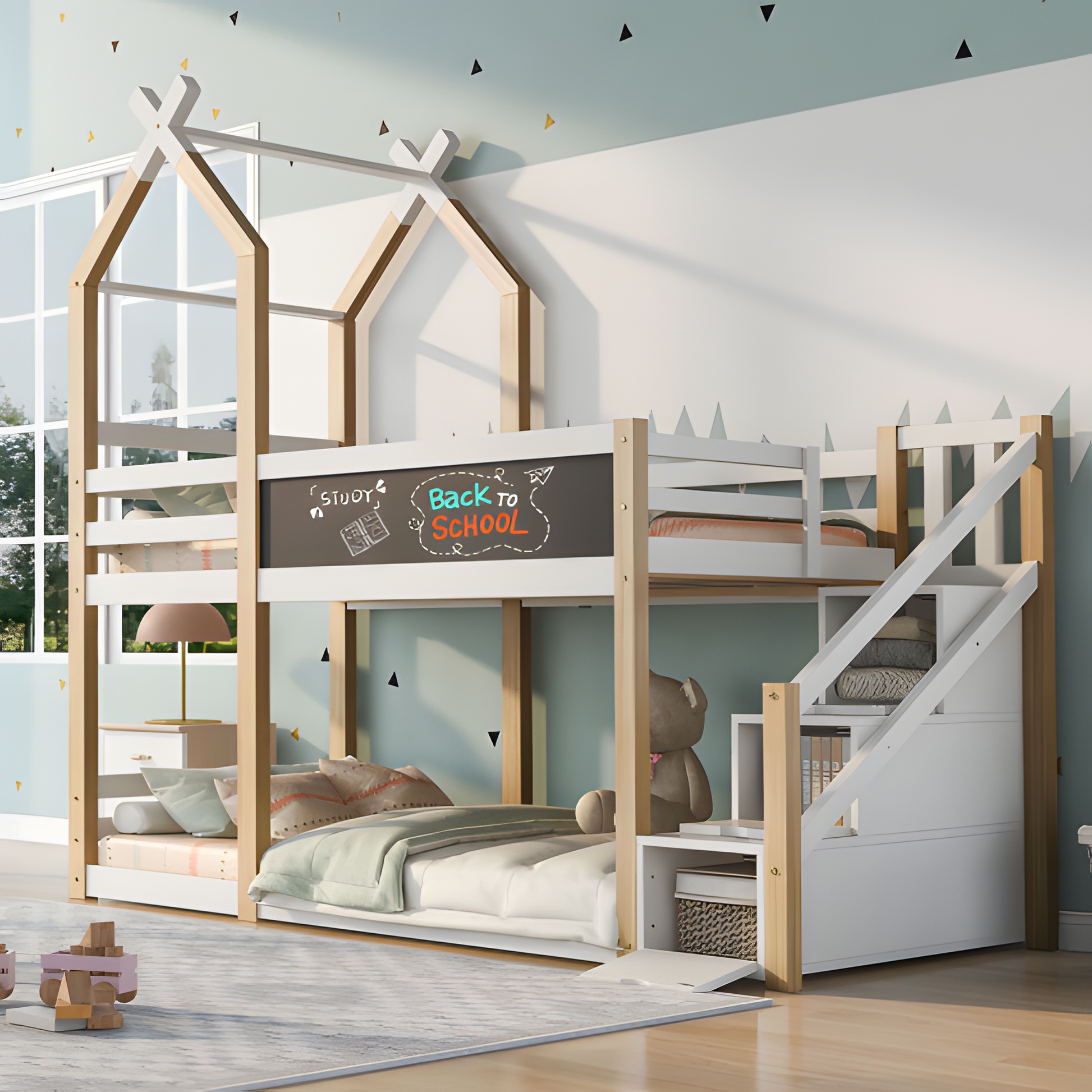 Kinderbett „LUNO“ – Baumhaus-Hochbett mit Tafel & Stauraum 🌳