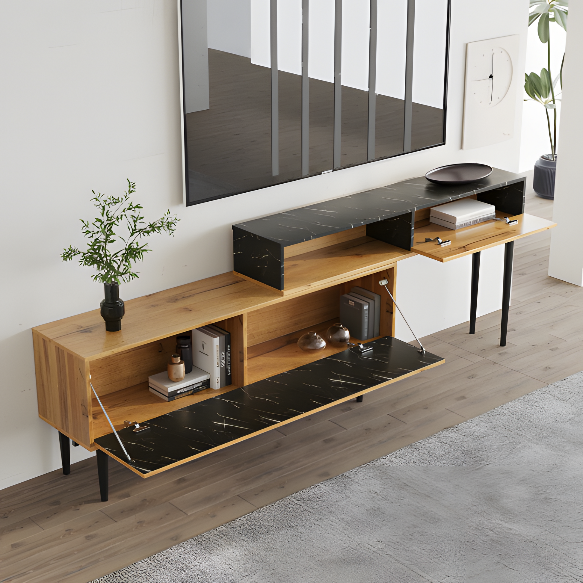 TV-Board „Moderno“ – 129 cm in Marmor-Holzoptik mit Eisenbeinen