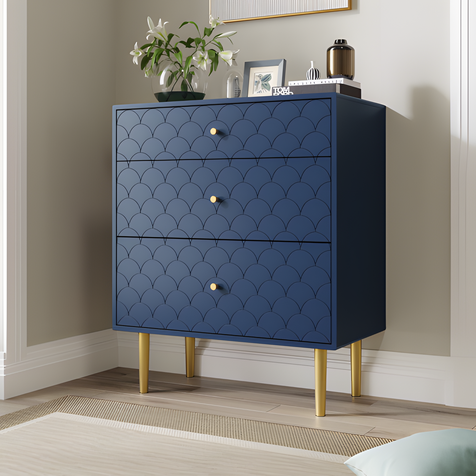 Schubladenkommode „Marina“ – Marineblau mit Fischschuppenstruktur | 89 × 75 × 40 cm