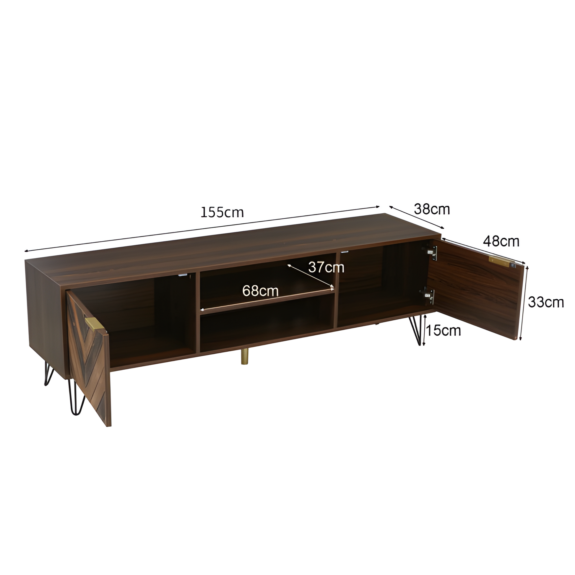 TV-Lowboard „Natura“ – Massivholzfurnier & goldene Griffe | 155 × 38 × 48 cm
