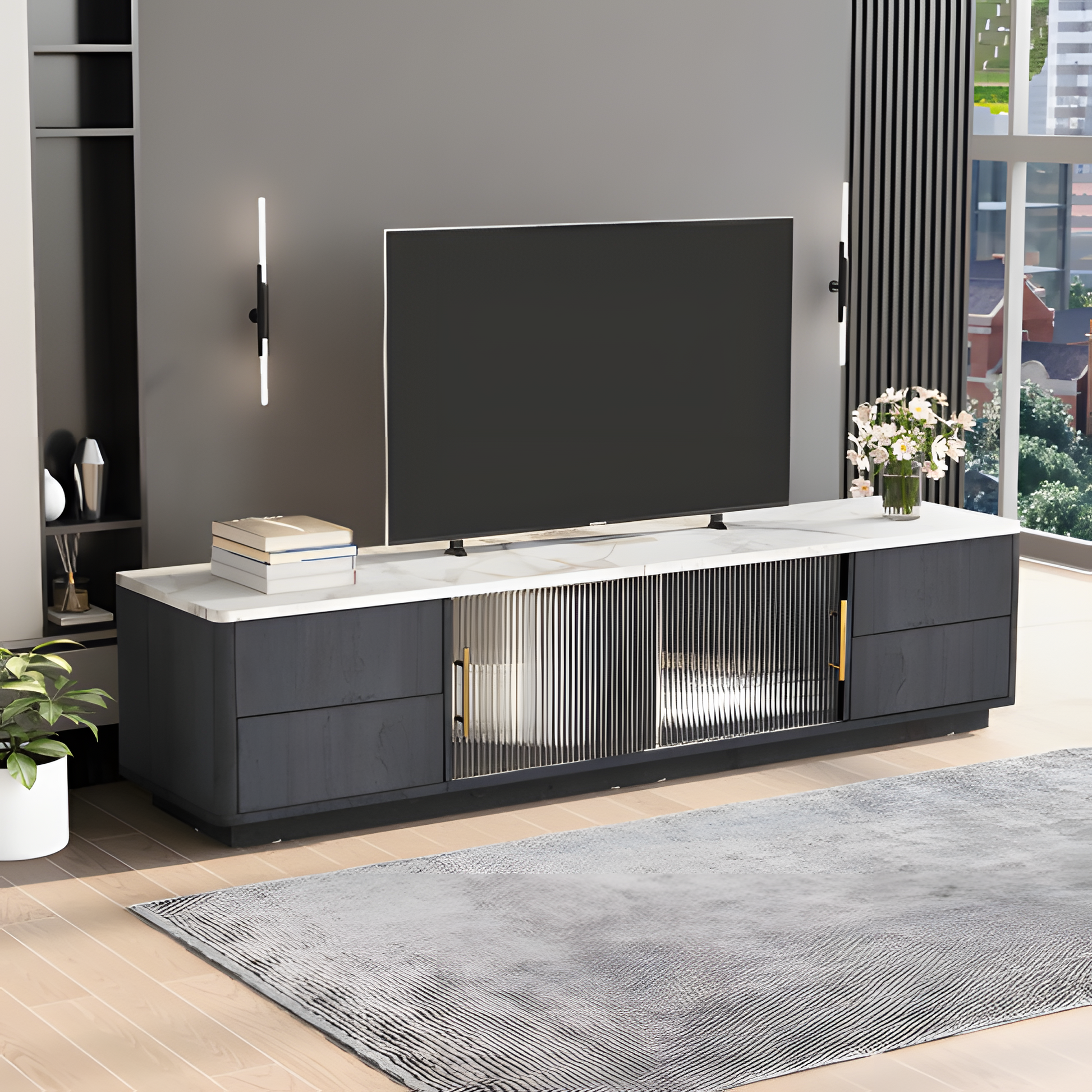 TV-Lowboard „Marno“ – Grau mit Marmoroptik | 160 × 40 × 44,5 cm für Fernseher bis 70"