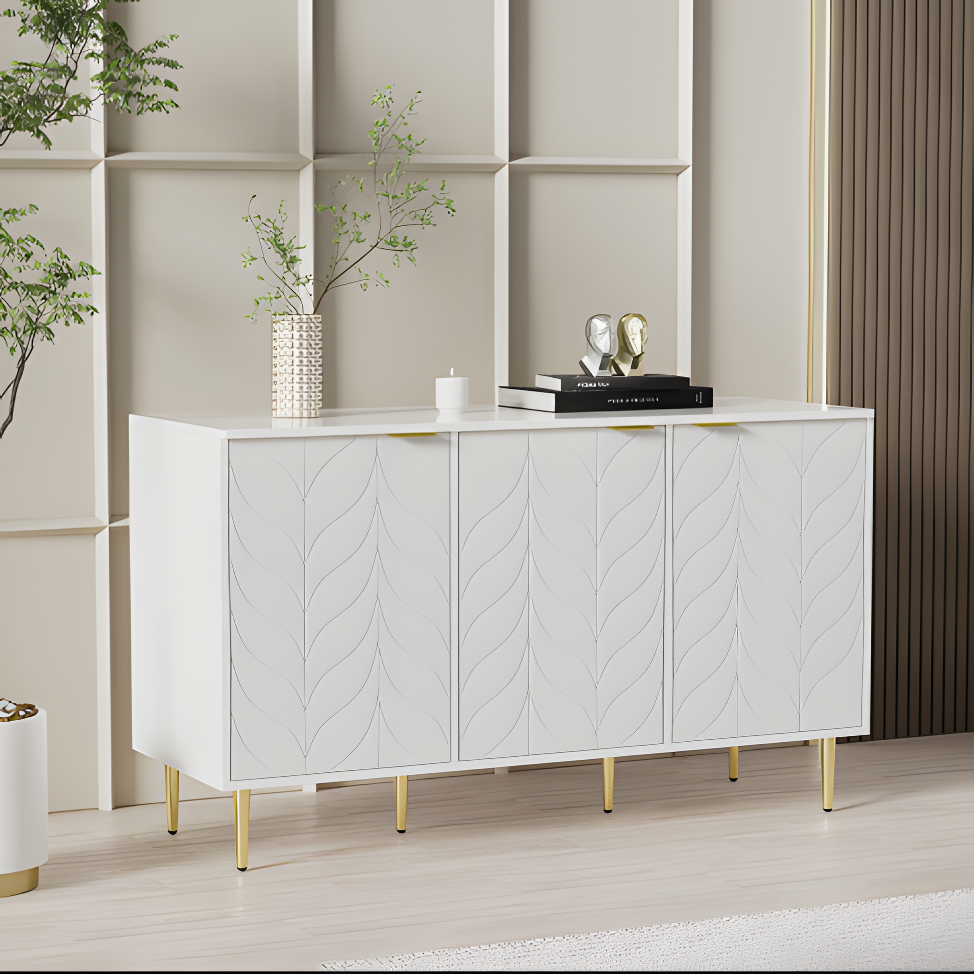 Sideboard Liora – Weiß mit Goldakzenten & Blumenmuster | 127 × 45 × 75 cm