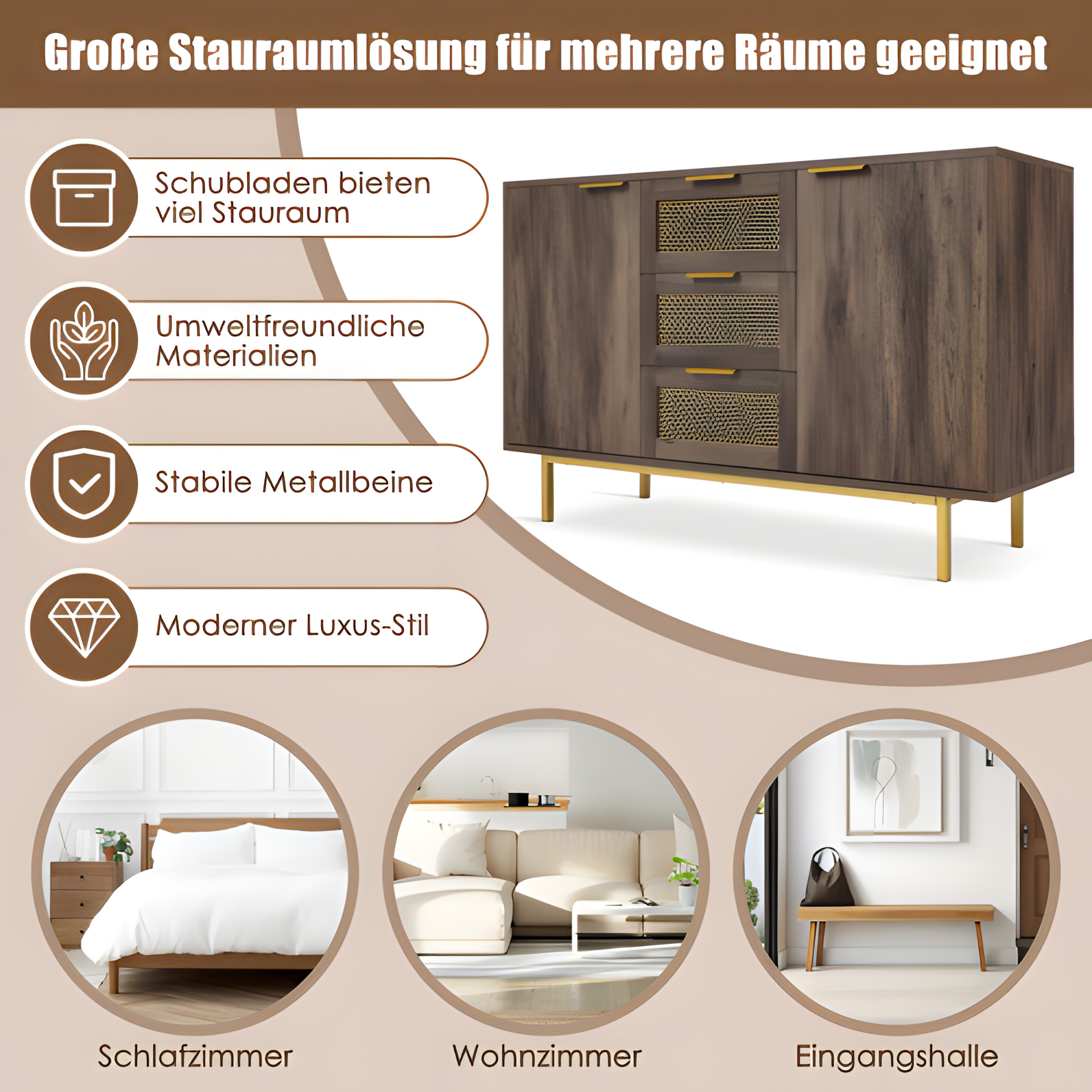 Sideboard „Ravena“ – 120 cm Kommode in Dunkelbraun mit Metallakzenten