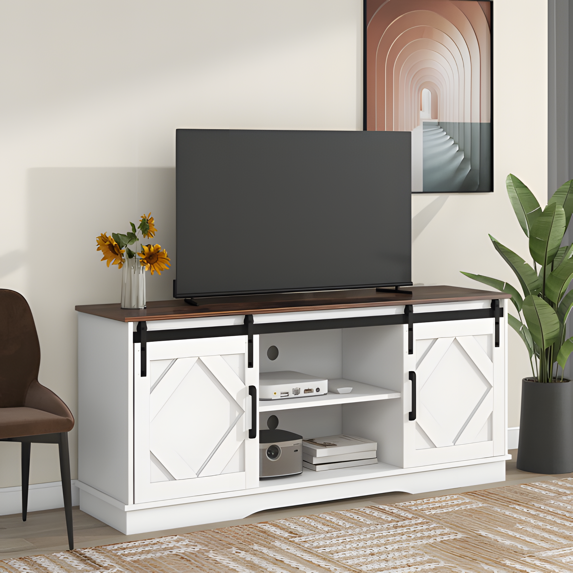 TV-Schrank „FARMSTYLE“ – mit Schiebetüren, verstellbaren Regalen & Landhausdesign