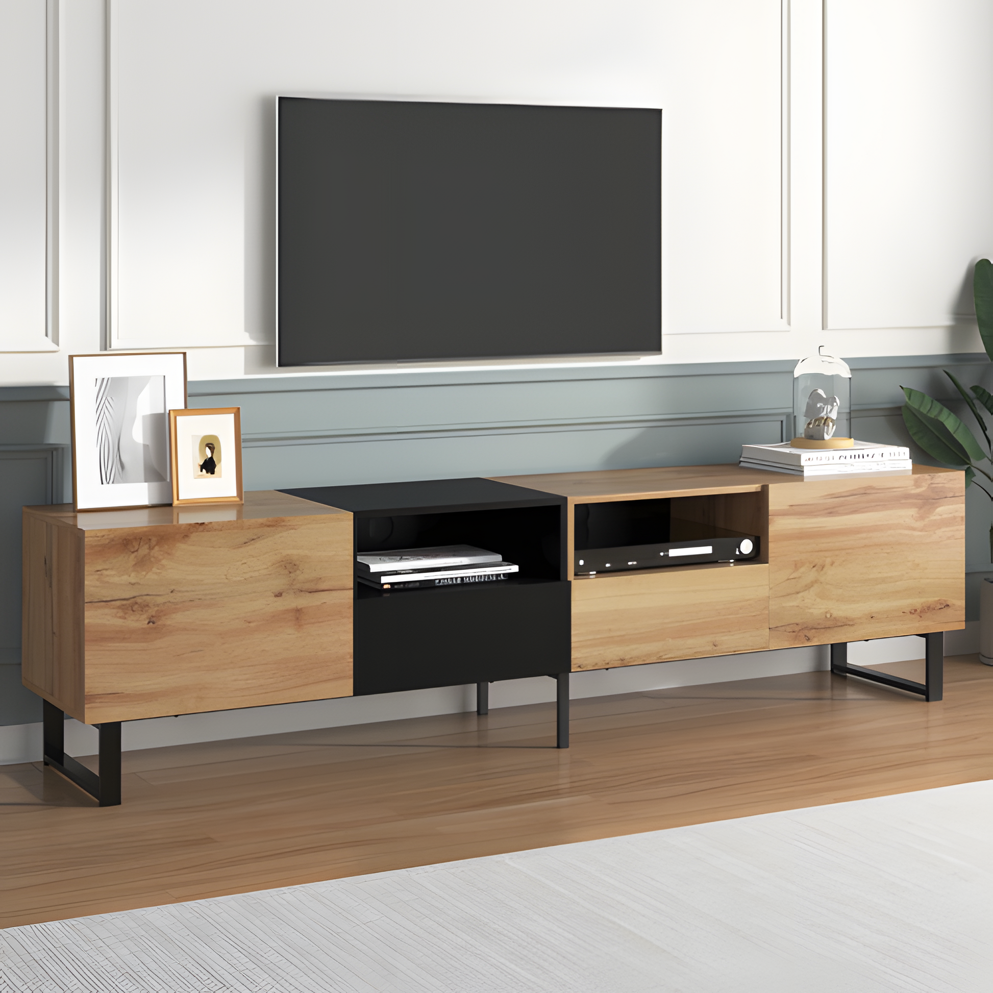 "NOIRWOOD" – Moderner TV-Schrank 190 cm mit Stauraum in Schwarz-Holz-Optik 📺🪵