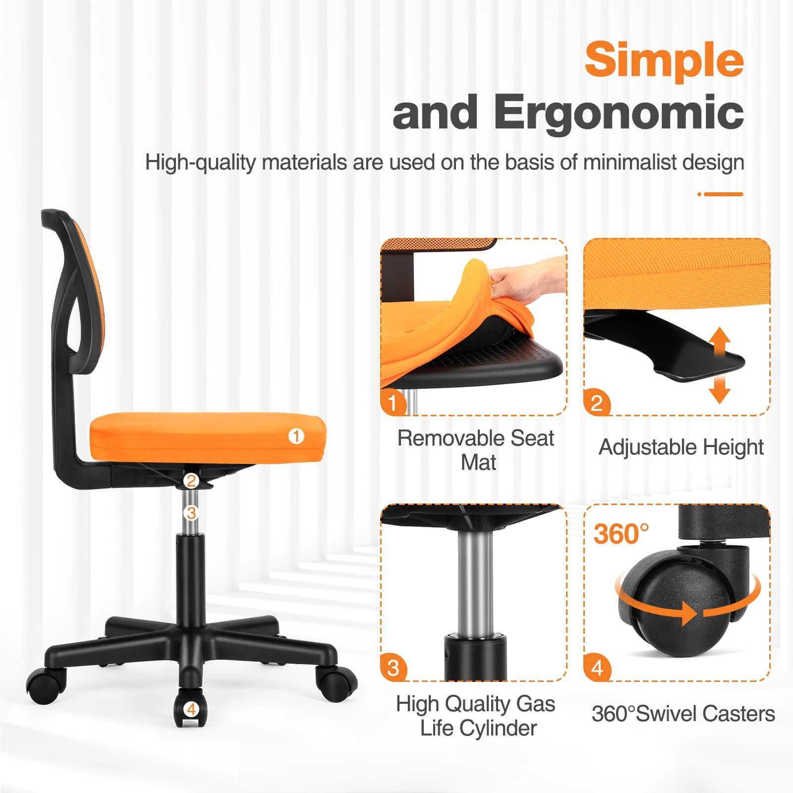 "SOLUNA" – Ergonomischer Drehstuhl ohne Armlehnen (Gelb, Orange, Blau)