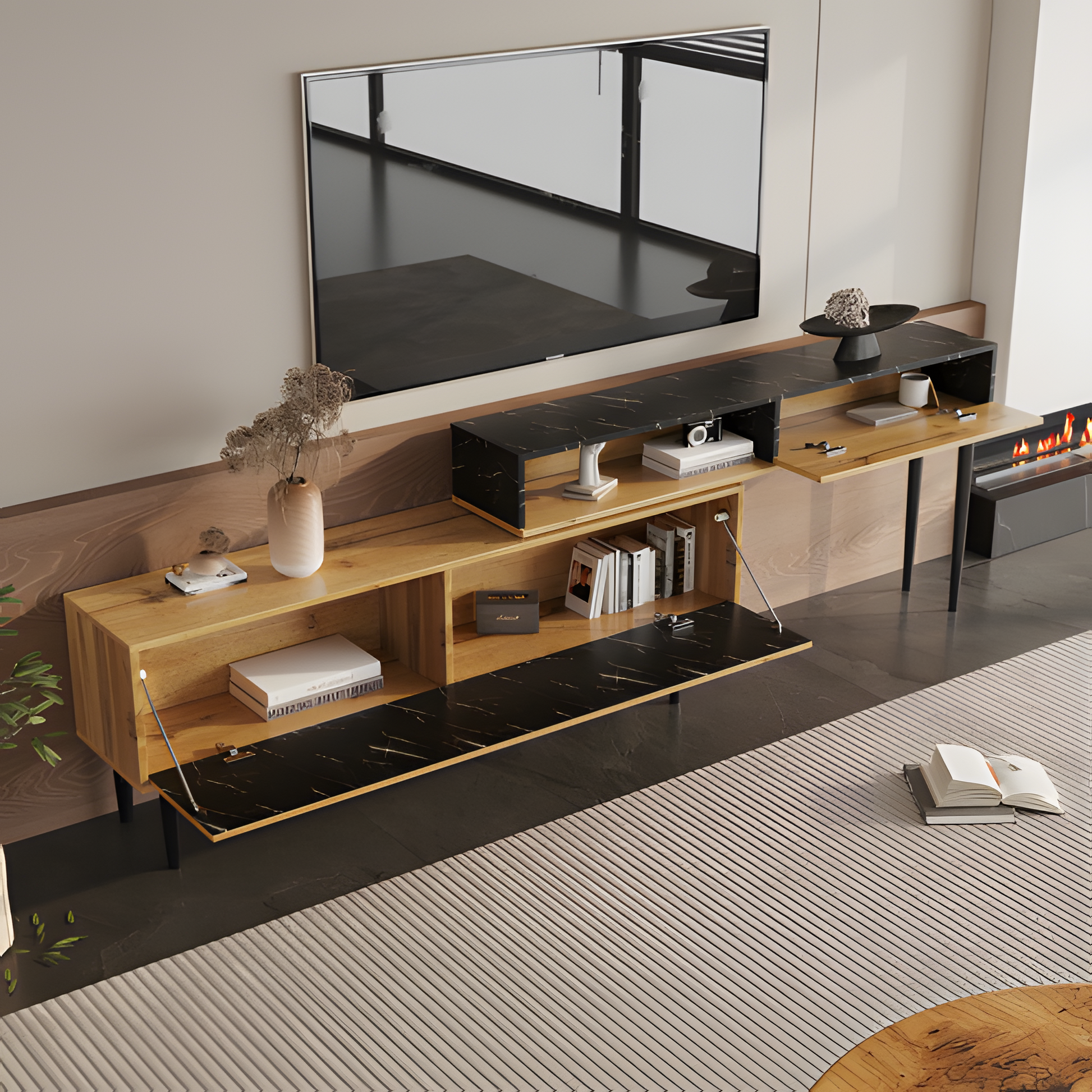 TV-Board „Moderno“ – 129 cm in Marmor-Holzoptik mit Eisenbeinen