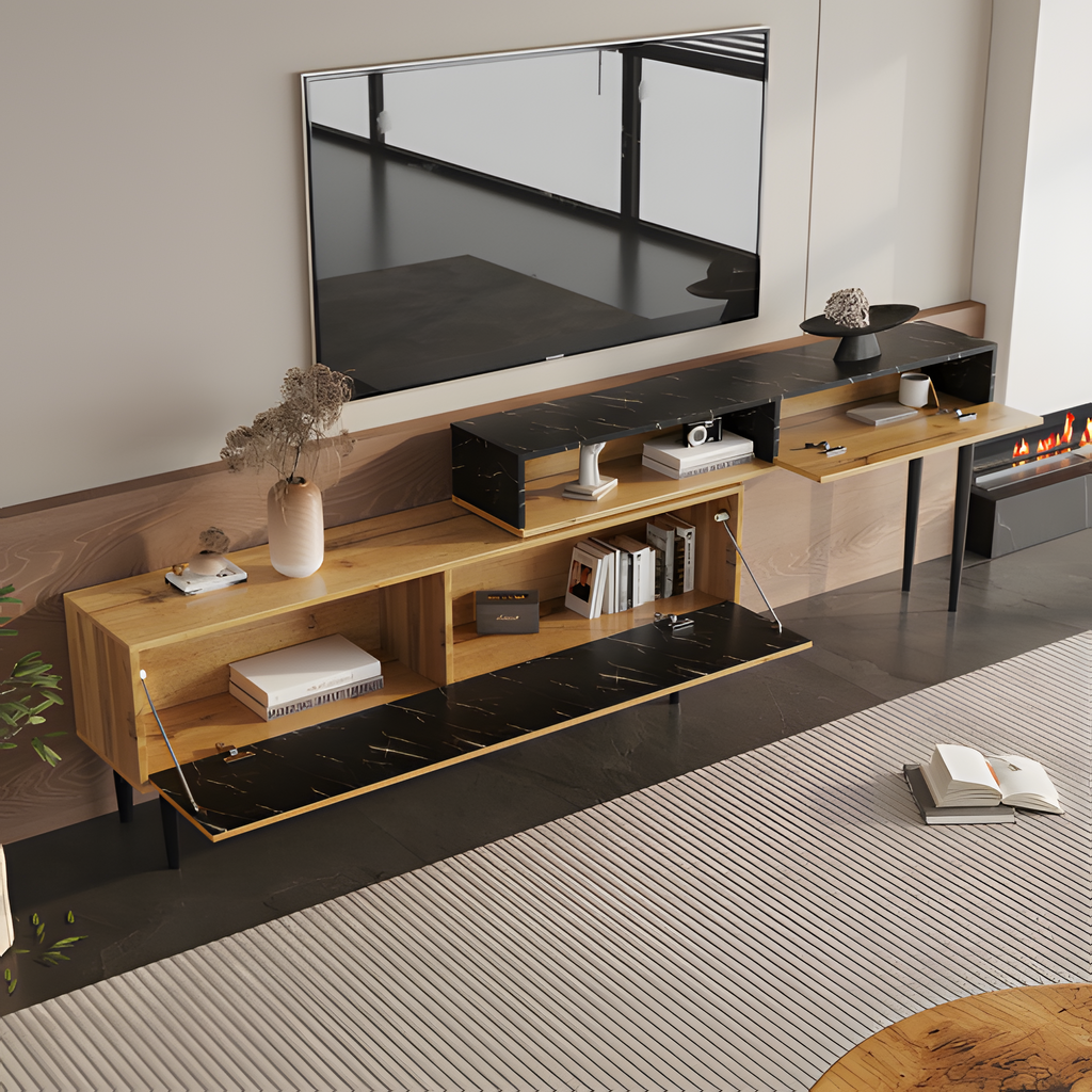 TV-Board „Moderno“ – 129 cm in Marmor-Holzoptik mit Eisenbeinen