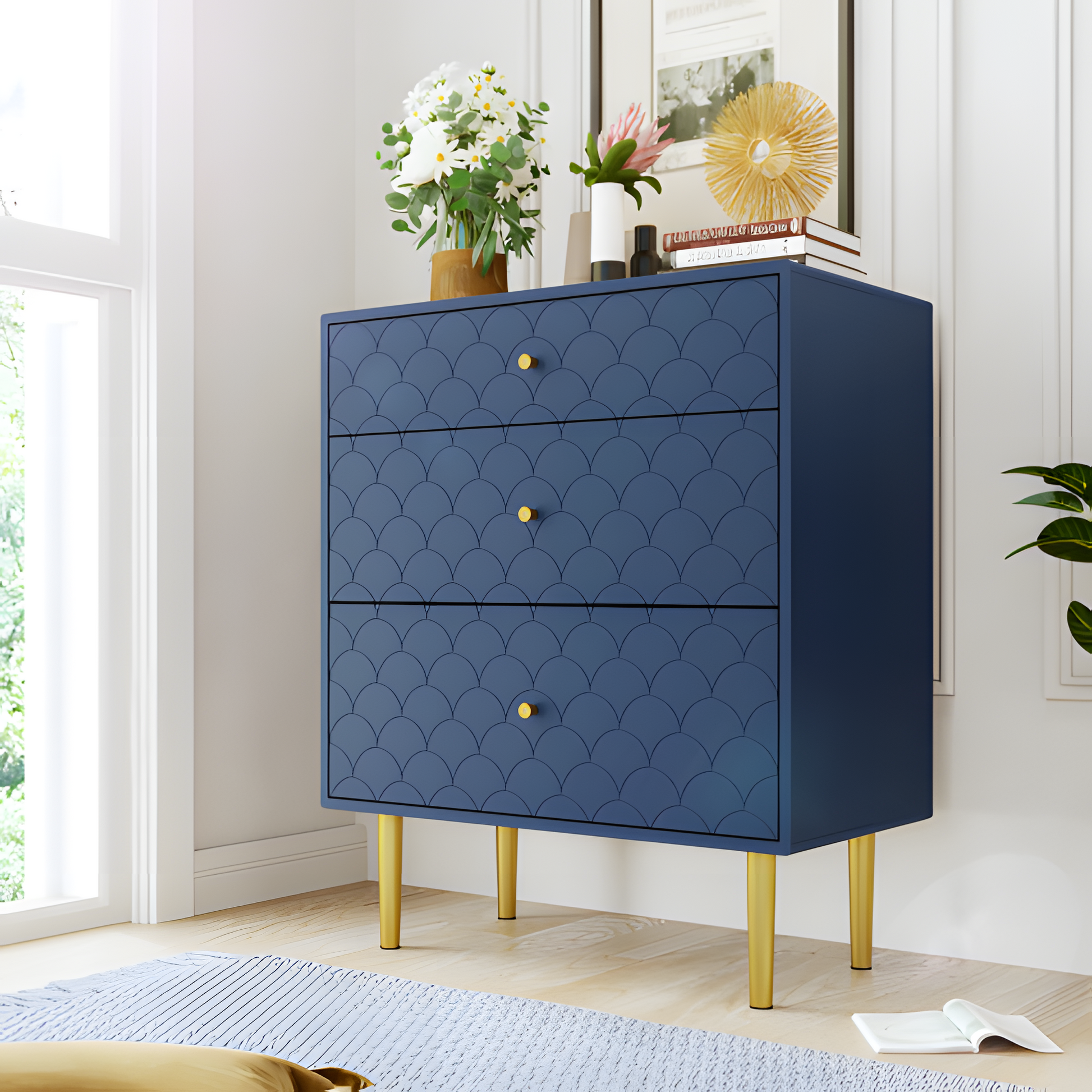 Schubladenkommode „Marina“ – Marineblau mit Fischschuppenstruktur | 89 × 75 × 40 cm