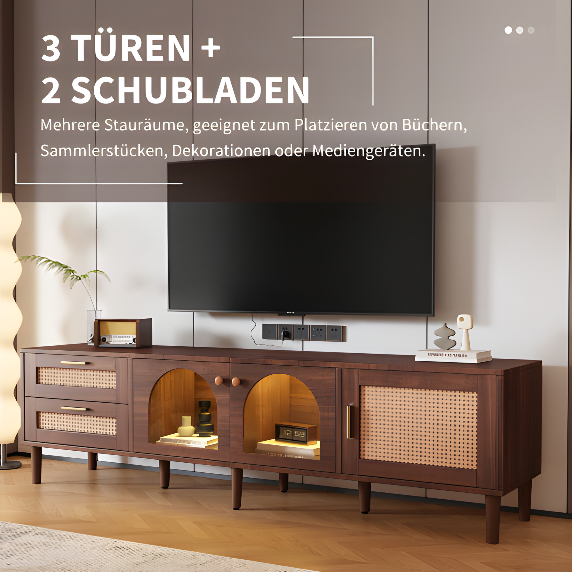 TV-Schrank „RattanLux“ – 180 cm, LED, Rattan & Glas | Für Fernseher bis 80 Zoll